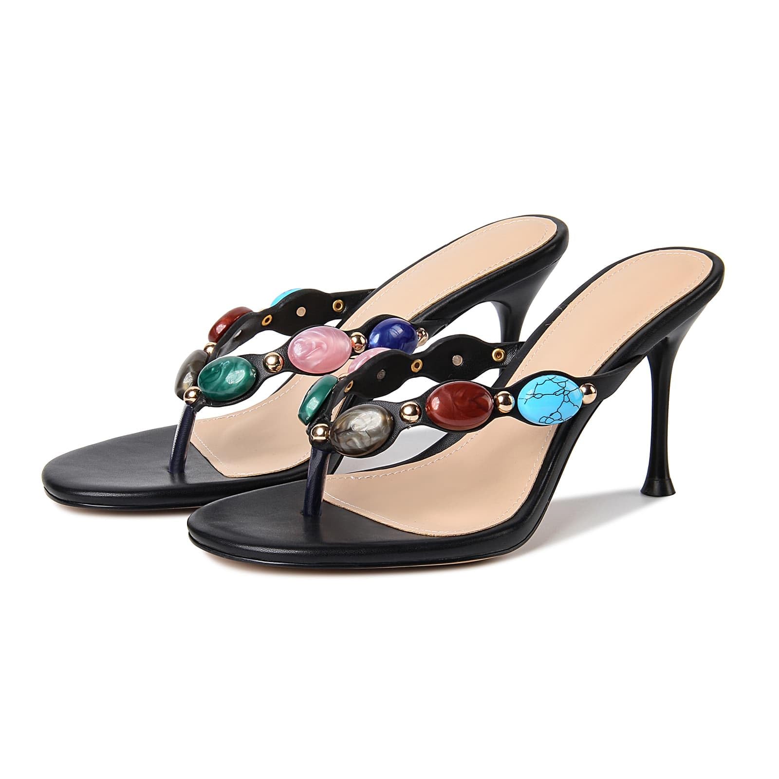 DREAMSTORY Women's Jeweled Thong Strappy Heels Sandals Comfortable Round toe High Heel Dressy Summer Sandals for Wedding Party Beach Flip Flops Slip On Casual Shoes Wear