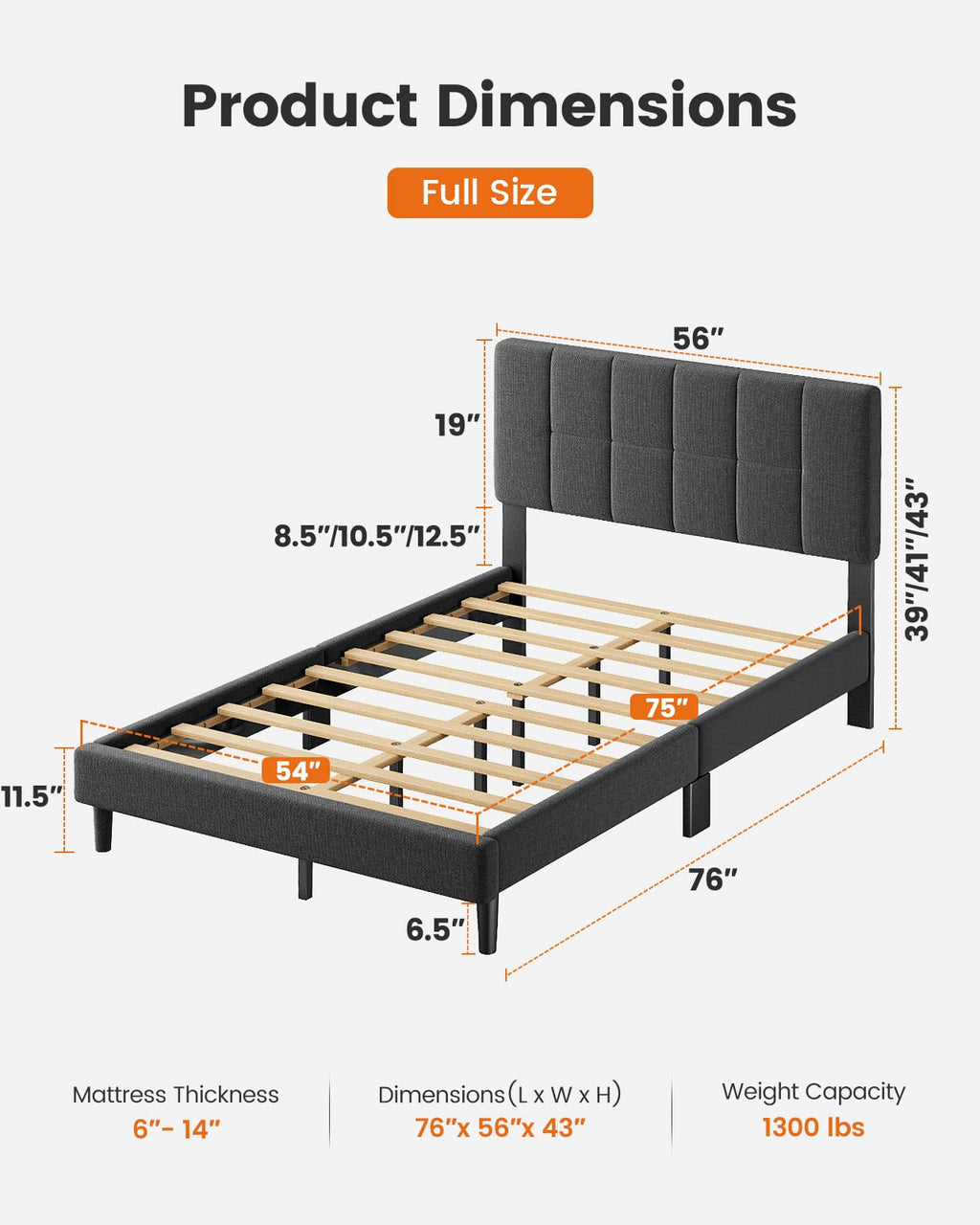 Pipishell Queen Bed Frame with 2 Storage Drawers, 12 Sturdy Legs, Solid Wooden Bed Base with Upholstered Headboard for 6″ to 12″ Mattresses, 1300 lbs High Weight Capacity, Easy Assembly, Dark Gray