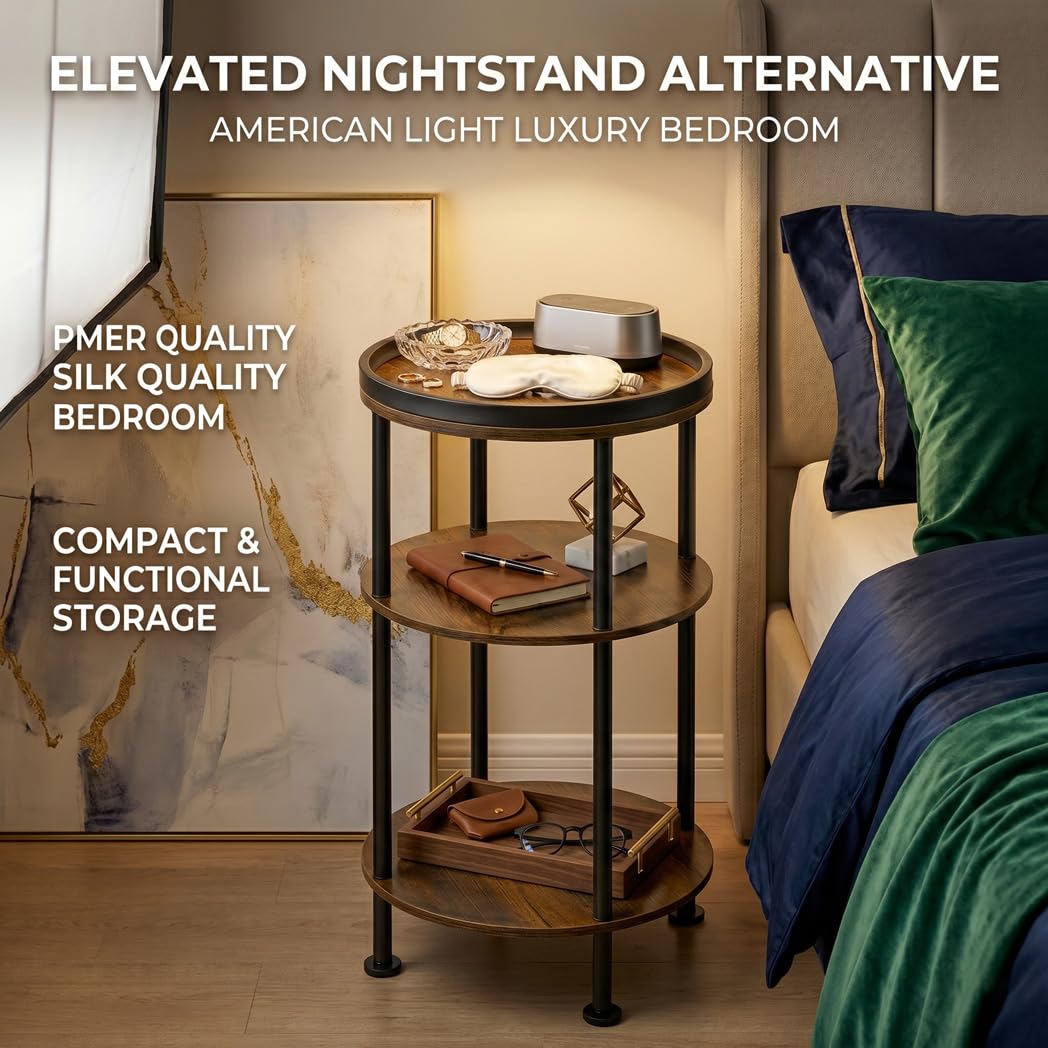 Small Round Side Table with Charging Station for Small Spaces, 3-Tier Accent Table with USB Ports & Power Outlets, Sofa Corner Tea Table for Living Room Nightstand Bedroom Apartment (Black)