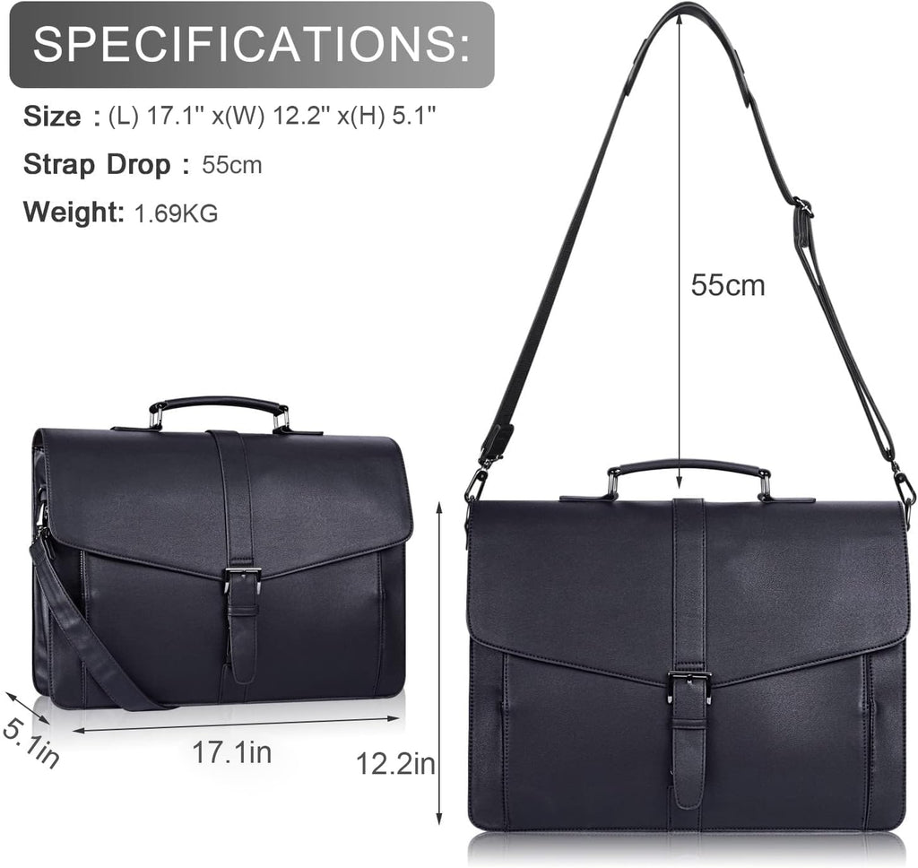 ESTARER Men's Leather Briefcase 15.6 Inch Laptop Computer Bag for Office/Business/Travel, Large Satchel Professional Pu Leather Messenger Shoulder Bag, Black