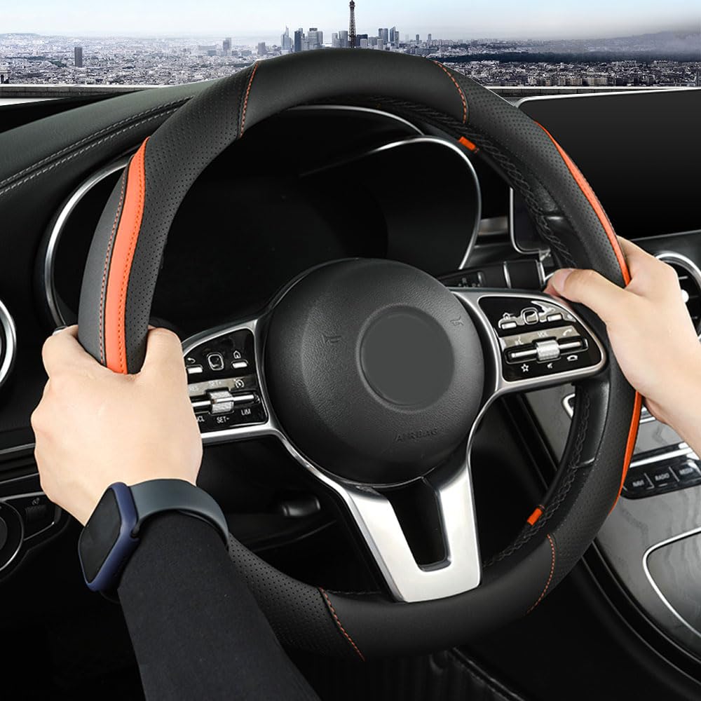 Car Steering Wheel Cover, Leather Steering Wheel Cover Beige Universal 14.5-15 Inch Microfiber Leather Anti-Slip Breathable Auto Steering Wheel Covers for Men Women (Black&Beige)