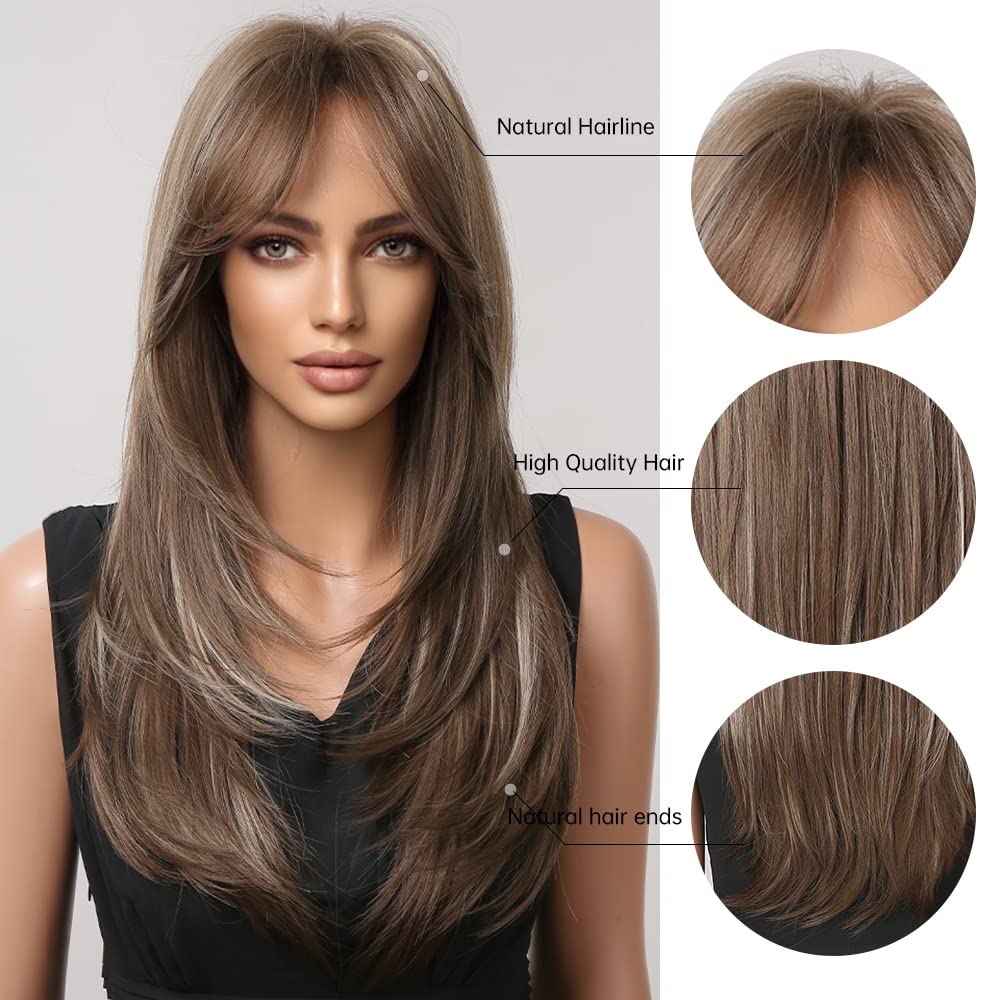 HAIRCUBE Auburn Wigs for Women,Long Layered Orange Wigs with Bangs Heat Resistant Synthetic Fibre Wigs(pelucas de cabello natural)