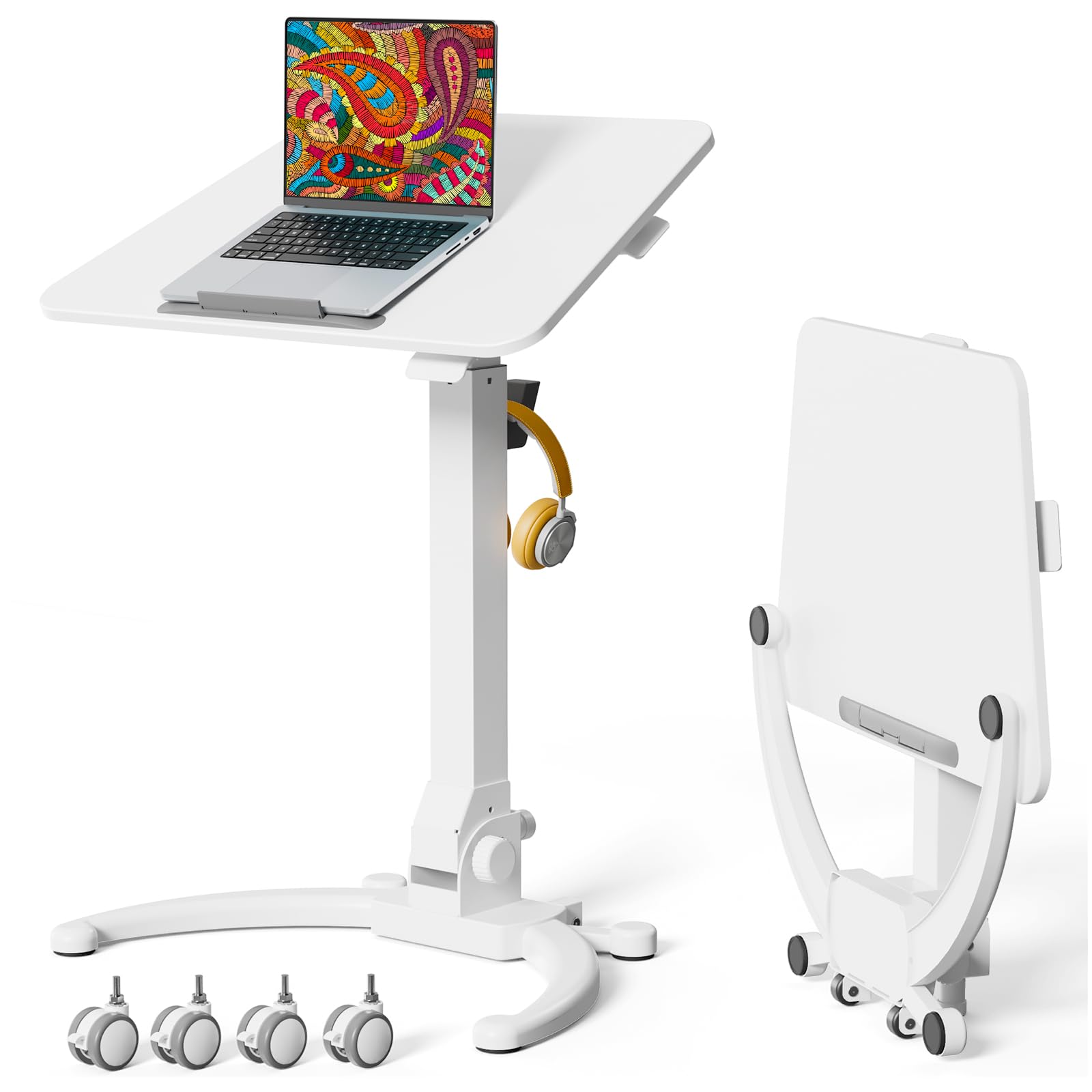JOY worker Foldable Mobile Standing Desk, Height Adjustable Sit Stand Desk, 90° Tiltable Rolling Laptop Table, Portable Workstation with Non-Slip Mat for Home Office, Holds Up to 22lbs, Black