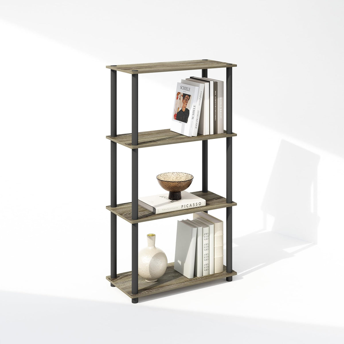 Furinno Turn-N-Tube Book Shelf, 4-Tier Bookshelf, Bookcase with Multipurpose Compact Display Rack, 11.6 x 23.6 x 43.2, for Living Room, Bedroom, Home Office, Americano/Black