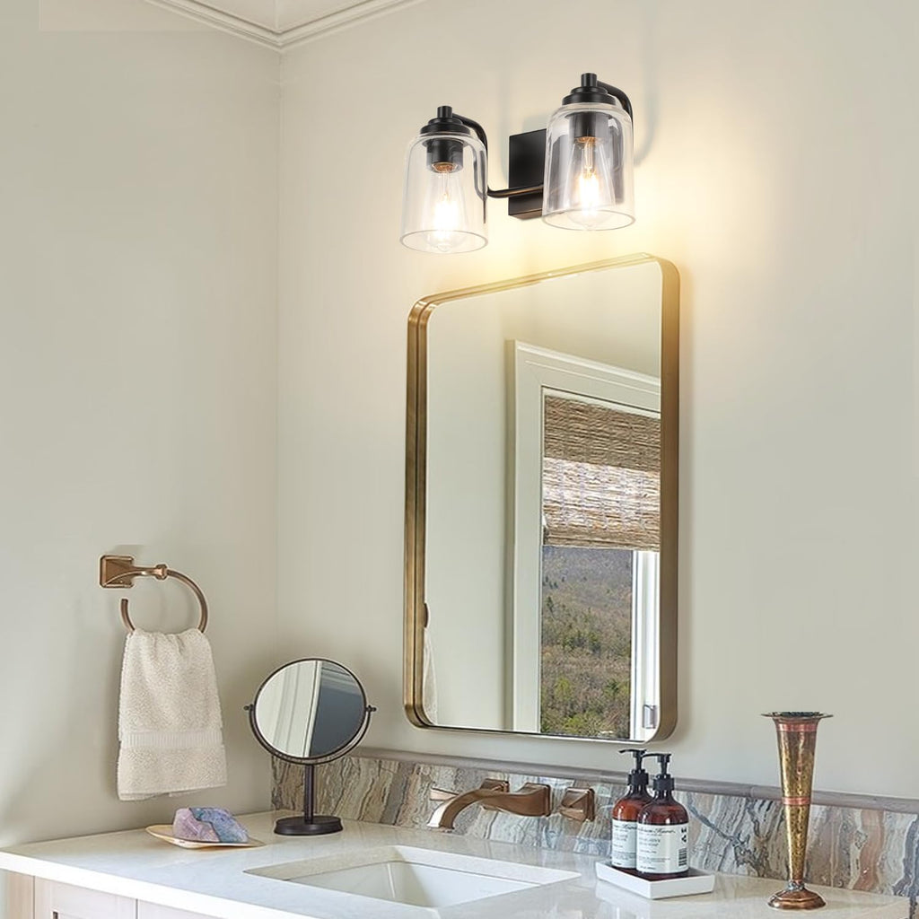 SOLFART 20.1 Inch Black Vintage Bathroom Vanity Light Fixtures Fixtures with Modern Glass Globe Shade Metal Brass Wall Lamp 2 Lights