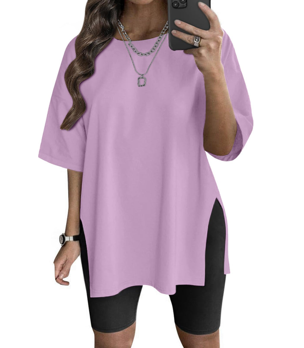 VNIRA Plus Size T Shirt for Women Oversized Cotton Short Sleeve Workout Top Loose Fit Side Split Casual Basic Tunic Top