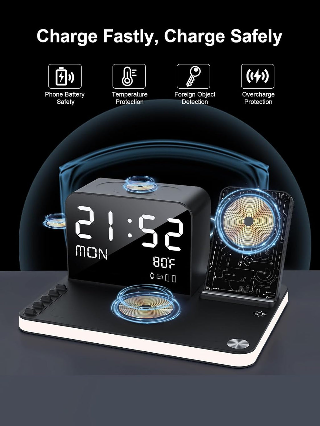 7 in 1 Wireless Charging Station for Apple Device Wireless Charger with Night Light Bluetooth TimeSync Temperature 33W Fast Charger for iPhone 17/16/15/14/13 Pro Max Android Phone Airpods Apple Watch