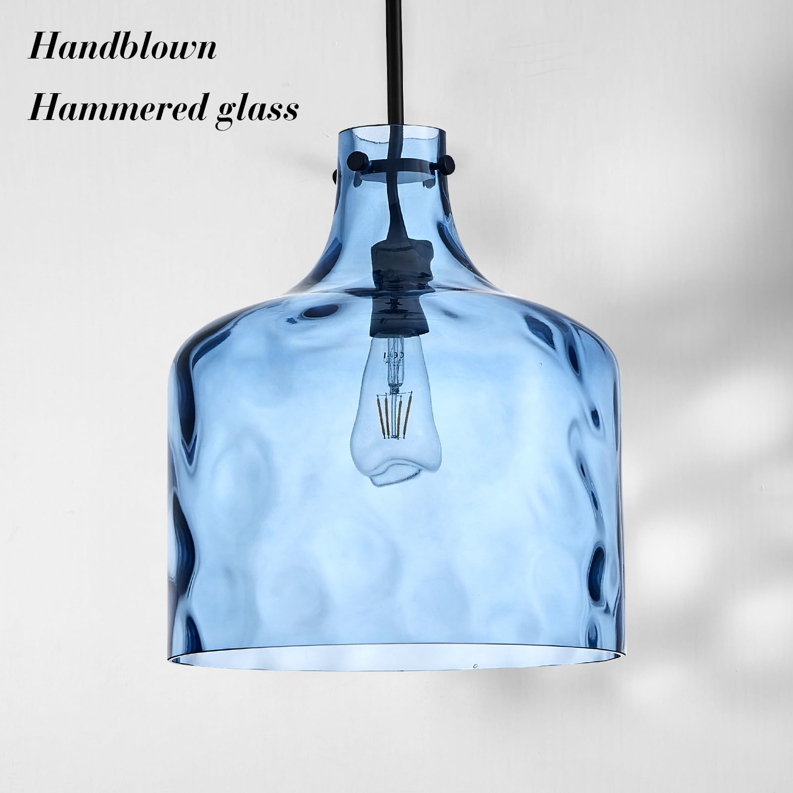 Glass Large Pendant Lights for Kitchen Island Blown Glass Pendant Light Clear Hammered Shade Hanging Ceiling Lights with Black Finish for for Kitchen Island, Sink, Hallway, Living Room 11 inch