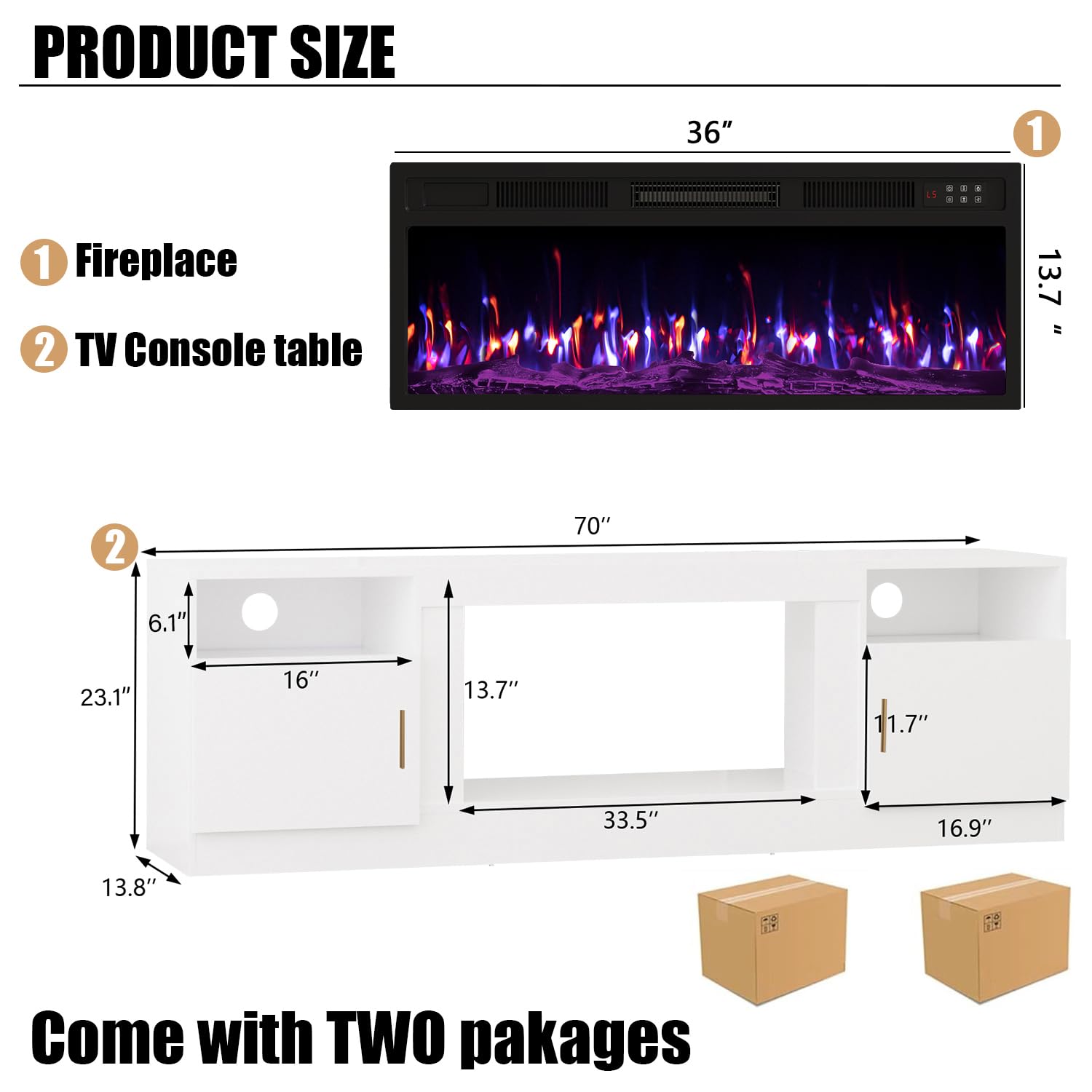 VITESSE 58 Inches Fireplace TV Stand for TVs up to 65 Inches Console with 18'' Electric Fireplace & Remote,Wooden Modern Entertainment Center for Living Room with LED Light Glass Shelves（Bei）