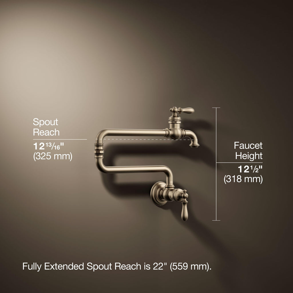 KOHLER 99270-BL Artifacts Wall-Mount Pot Filler, Pot Filler Faucet, Black Pot Filler, Kitchen Sink Pot Filler Faucets, Matte Black