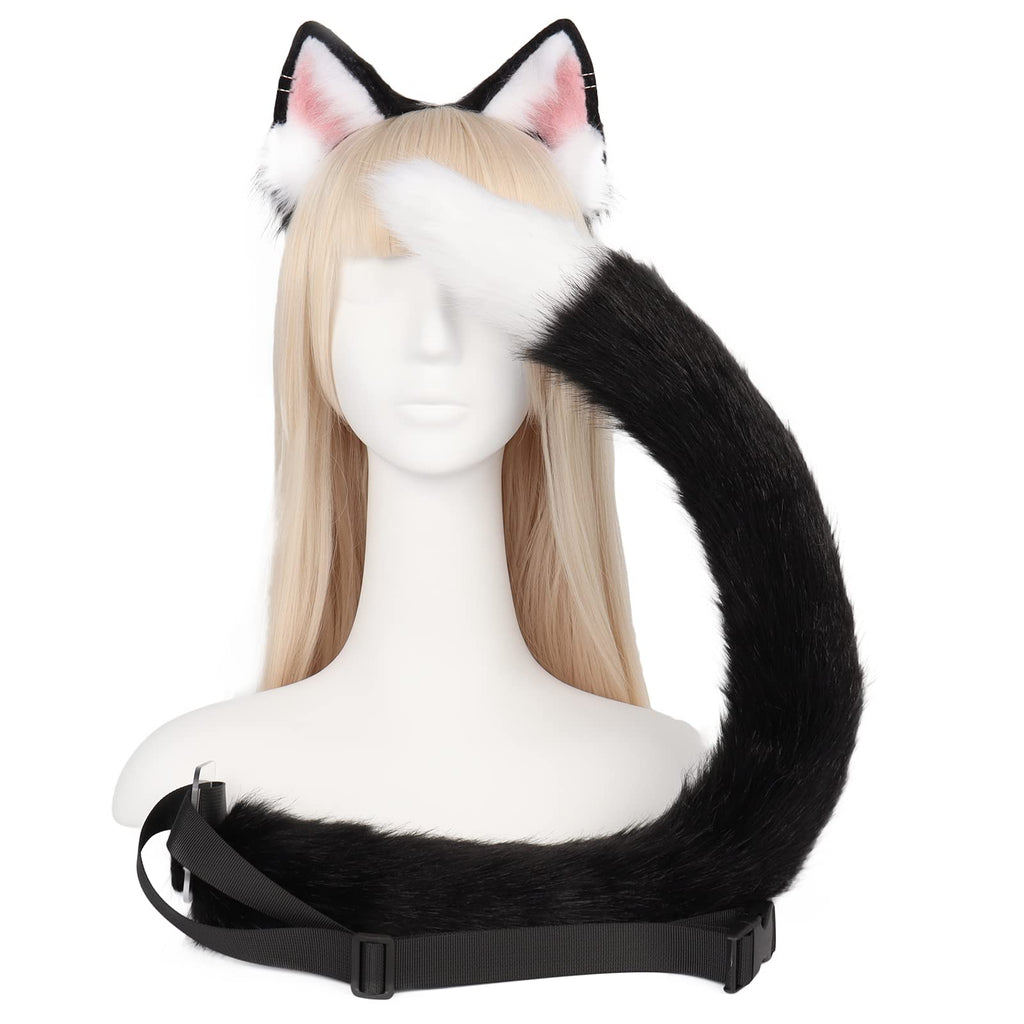 QinRuan Animal Cosplay Costume Accessories Furry Faux Fur Cat Ears Headband and Fox Tail Set Halloween Accessory
