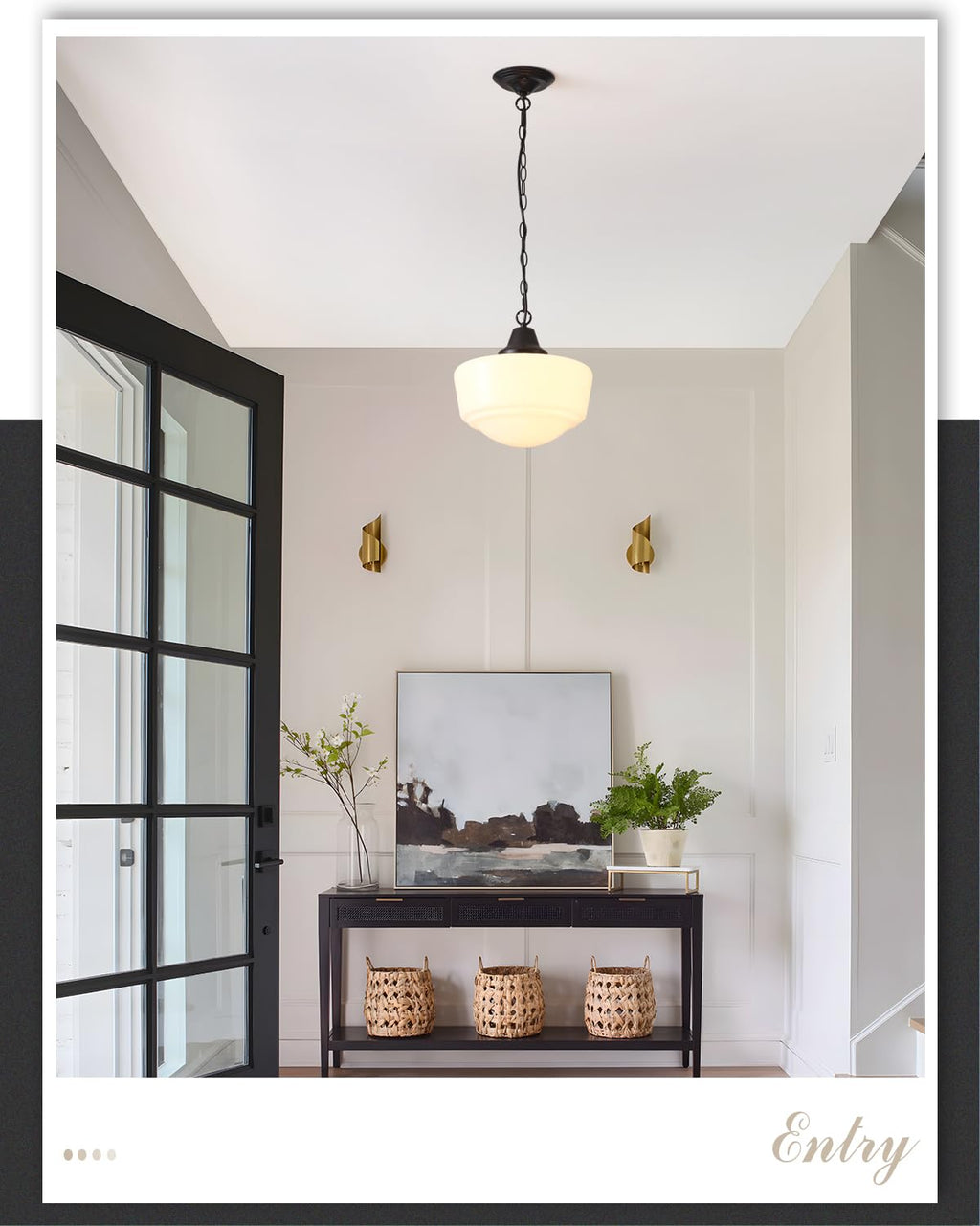 Schoolhouse Light Fixture, 12 Inch Black Finish with Milk Glass Semi Flush Mount Ceiling Light, Ceiling Light Fixture for Kitchen Hallway Entryway (Type C Pendant Light)