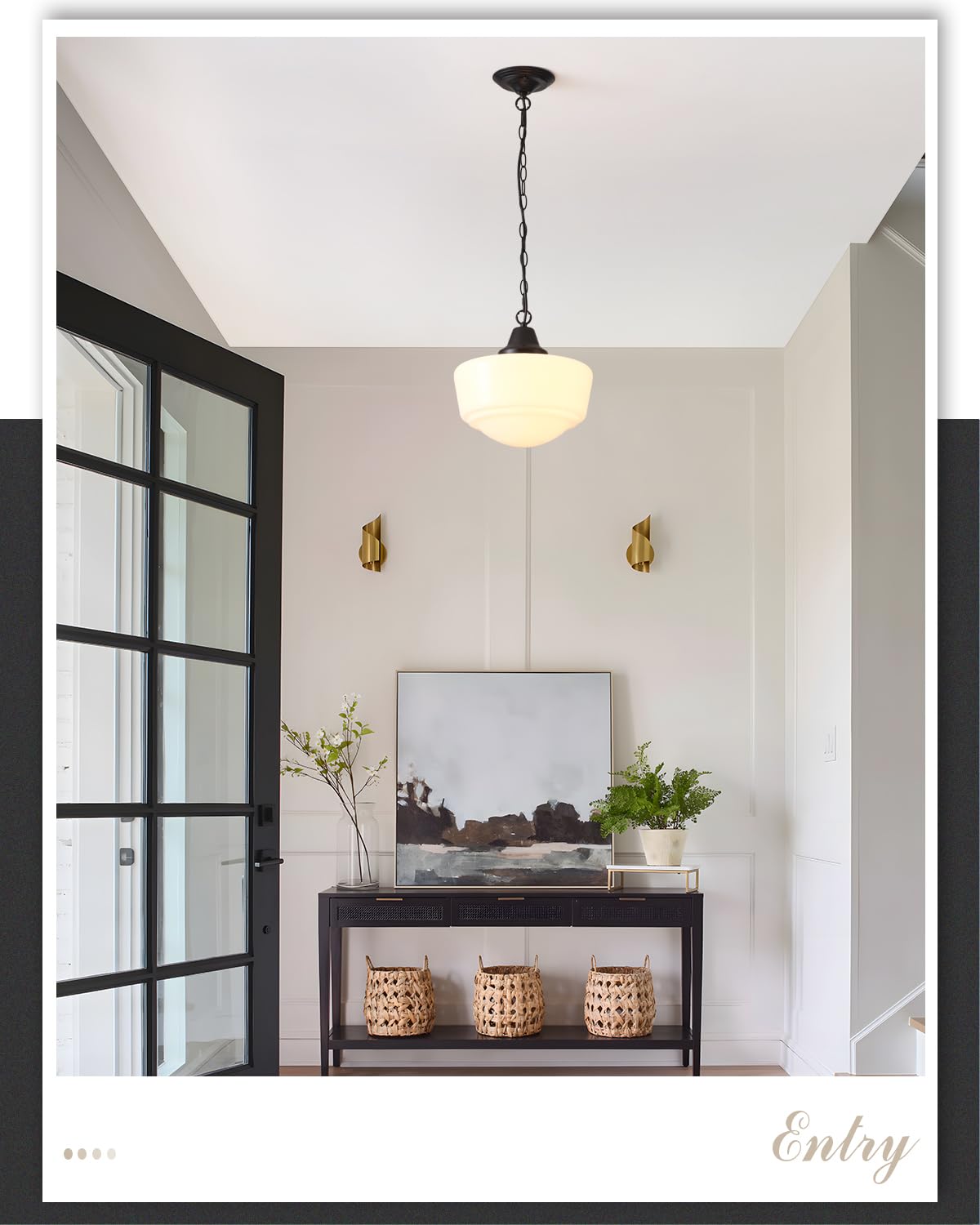 Schoolhouse Light Fixture, 12 Inch Black Finish with Milk Glass Semi Flush Mount Ceiling Light, Ceiling Light Fixture for Kitchen Hallway Entryway (Type C Pendant Light)