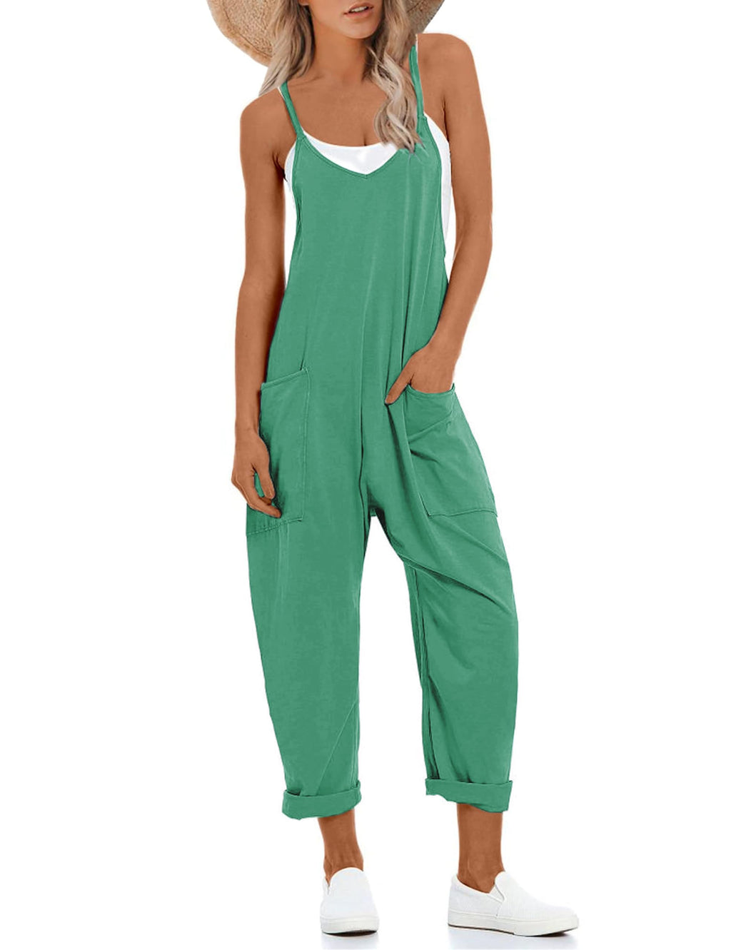 Lentta Women's Causal Jumpsuits V Neck Sleeveless Harem Overalls Stretchy Adjustable Strap Romper with Pockets