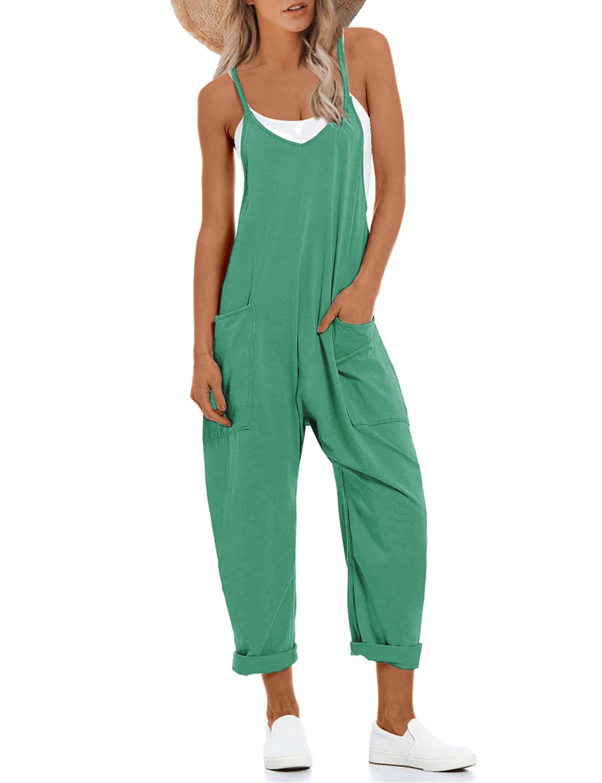 Lentta Women's Causal Jumpsuits V Neck Sleeveless Harem Overalls Stretchy Adjustable Strap Romper with Pockets