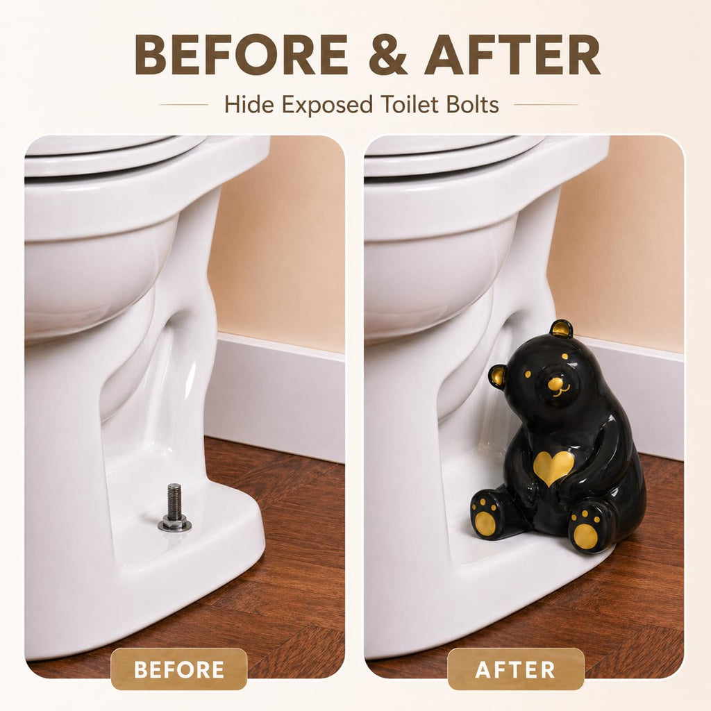 MENNTY Black Polar Bear Toilet Bolt Covers Decorative - 2 Glossy Black Ceramic Toilet Bolt Caps + 4 Universal Toilet Caps for Bottom of Toilet, Modern Monochrome Bathroom Decor