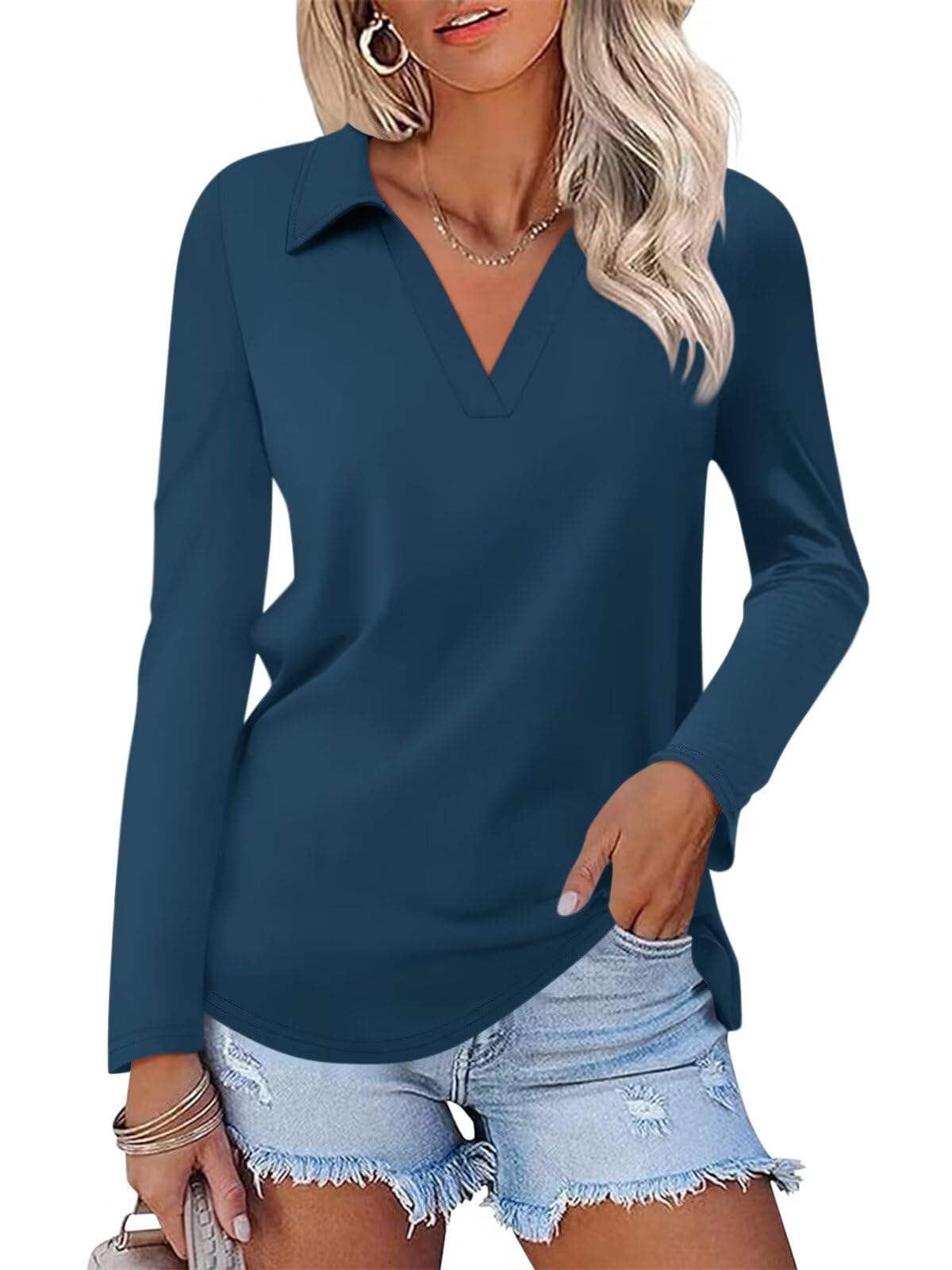ORANDESIGNE Women's Long Sleeve Polo Shirts Casual Color Block V Neck Tops Fall Collar Ladies Tunics Tees