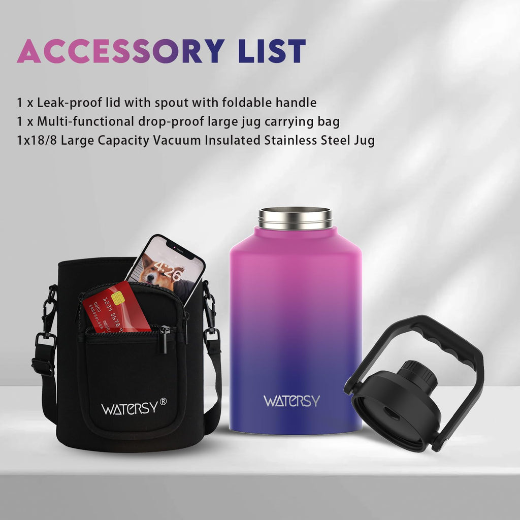 WATERSY Half Gallon Water Bottle Insulated(Cold for 48 Hrs),BPA Free&Leak Proof,64oz Stainless Steel Water Jug/Flask,Big thermo,Large Water Bottle with Handle for Gym,Hiking,Camping,Black
