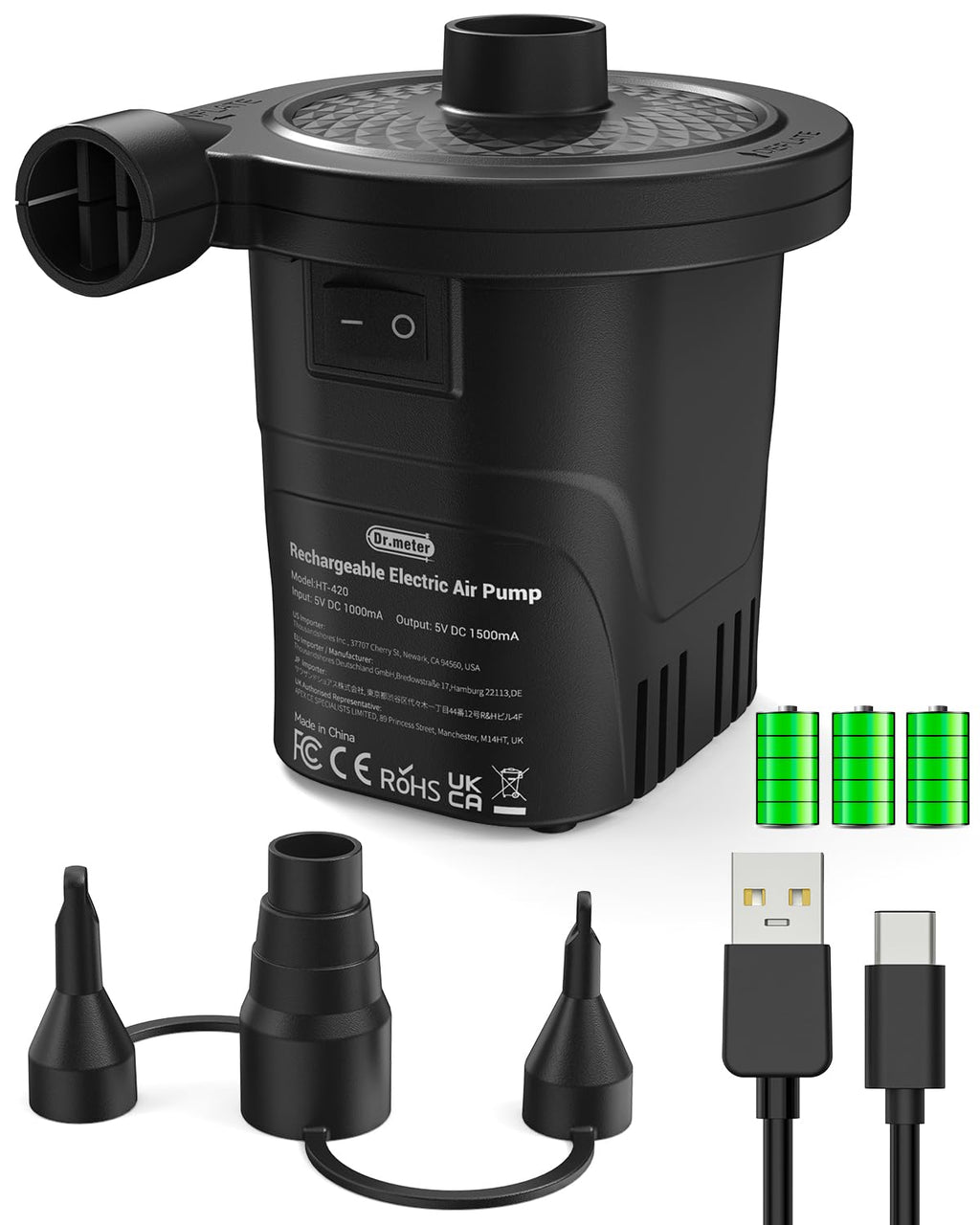 Dr.Meter Air Pump for Inflatables: AC 110V Air Mattress Pump with 3 Nozzles - Quick-Fill Electric Inflator Deflator for Inflatable Pool Raft Bed Boat Floats Swimming Rings Yoga Balls