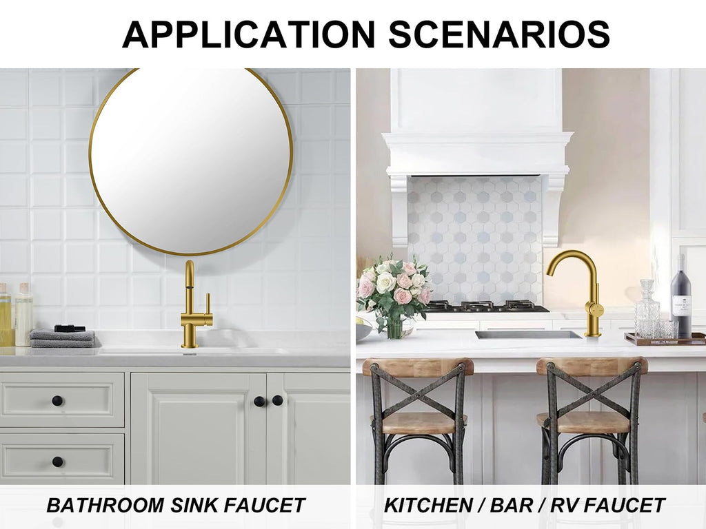 KENES Black and Gold Single Handle Bathroom Sink Faucet, Modern Prep Wet Bar Sink Faucet with Drain Assembly & Deck Plate, Vanity Faucets for Farmhouse RV Camper Utility, KE-9005B-BG