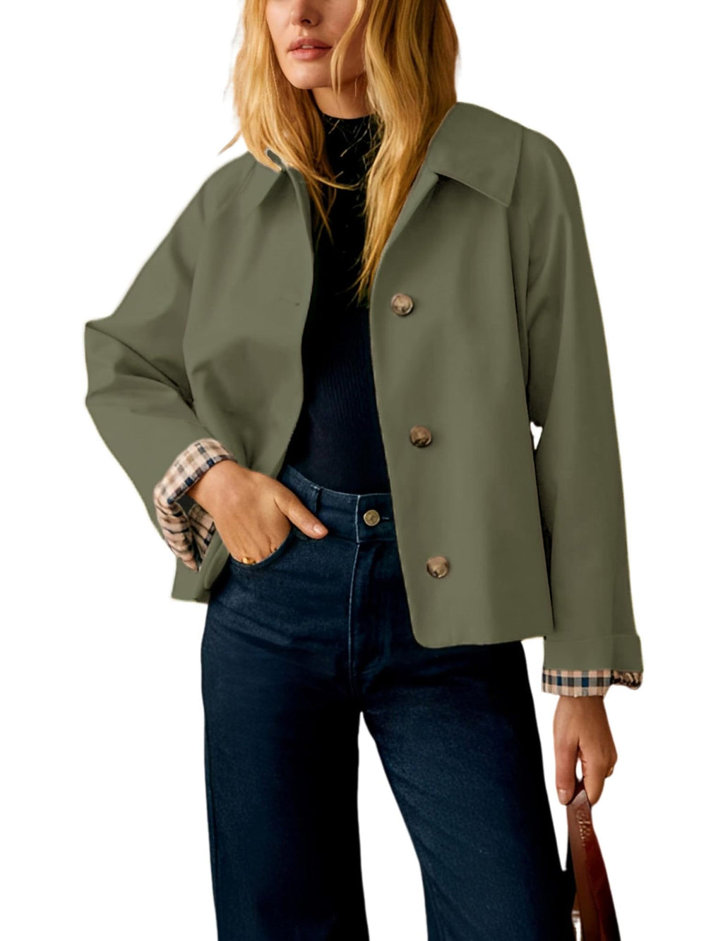 Yeokou Women Oversize Trench Coat Plaid Lining Lapel Button Down Casual Crop Jacket Outwear with Pockets