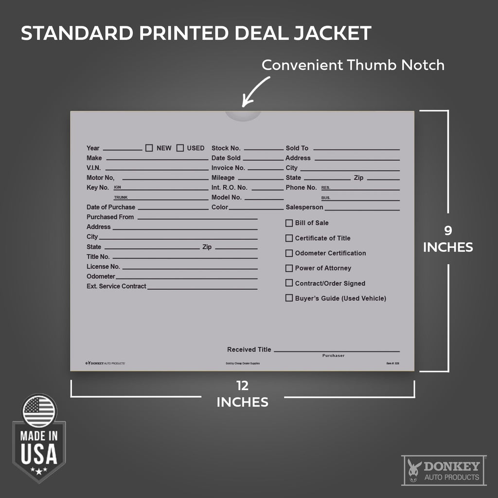 Printed Vehicle Deal Envelopes 9x12 Deal Jackets (100 shrink wrapped) (Blue)