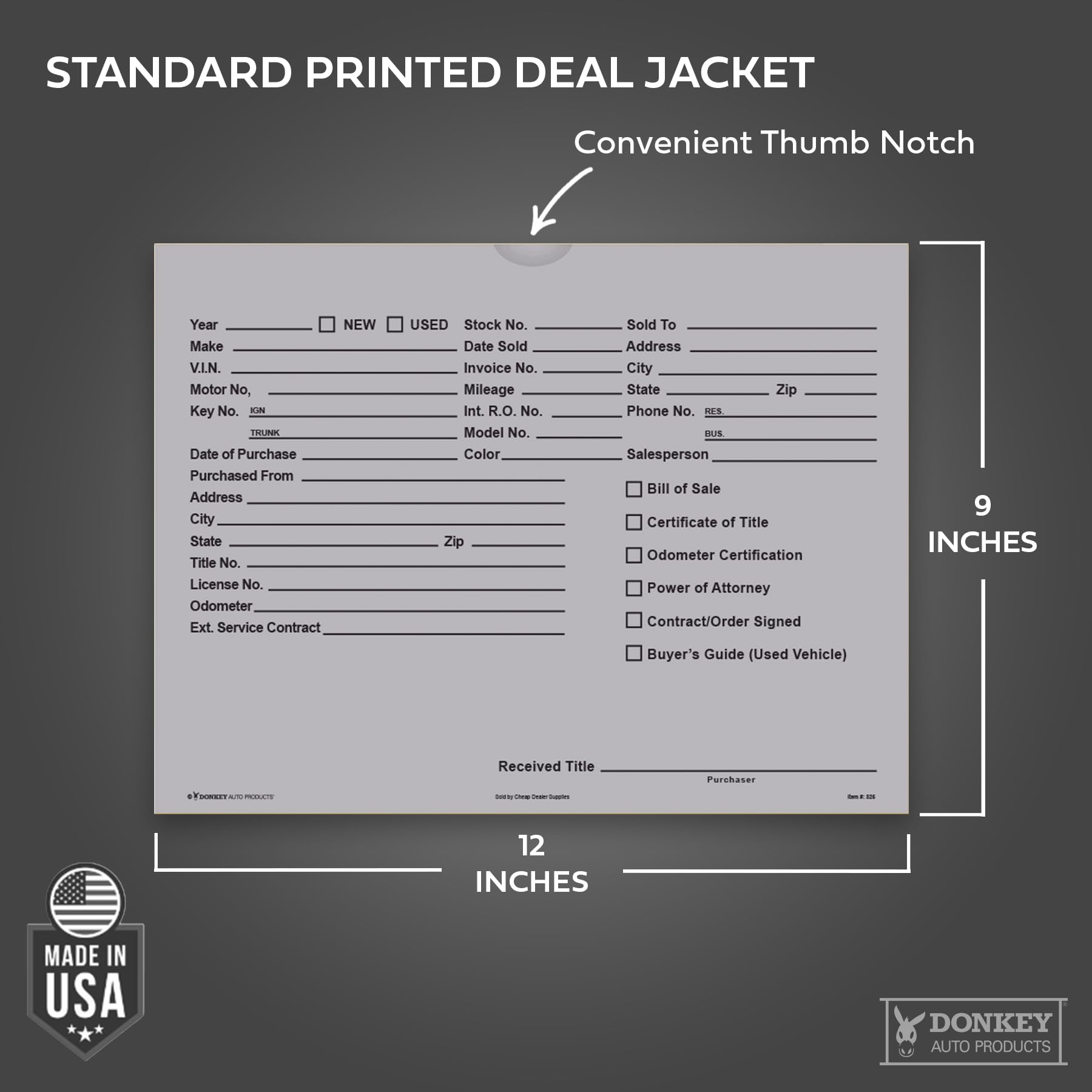 Printed Vehicle Deal Envelopes 9x12 Deal Jackets (100 shrink wrapped) (Blue)