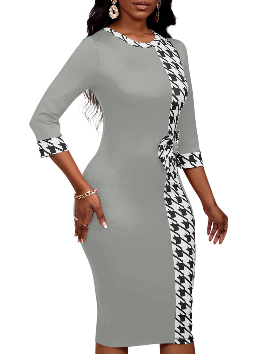 PerZeal Women's 3/4 Sleeve Round Neck Casual Houndstooth Bodycon Wear to Work Pencil Sheath Midi Dresses