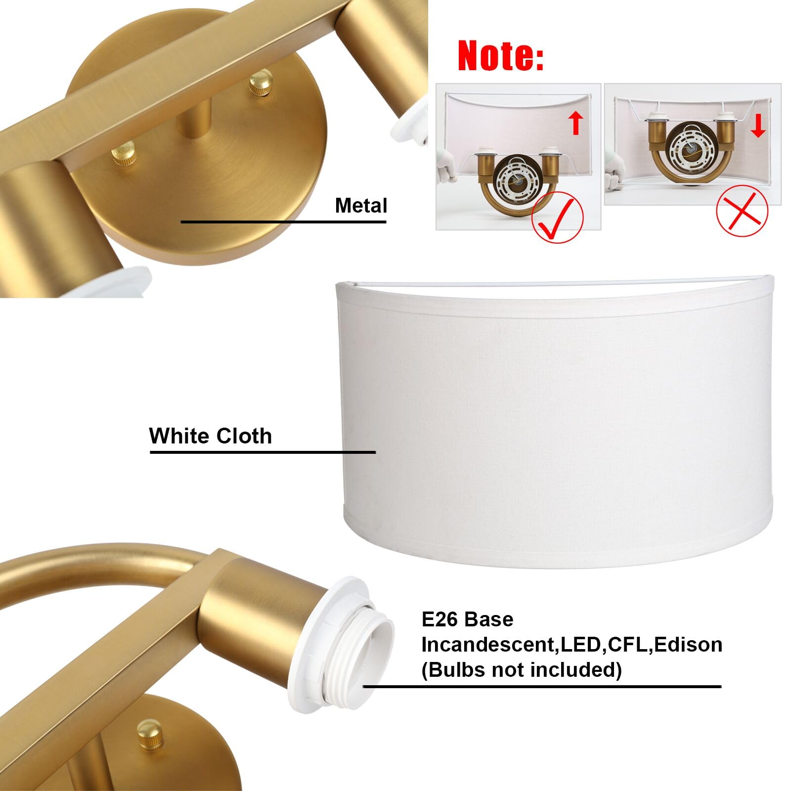 Yosoan White Fabric Cloth Boho Aged Brass Gold Wall Sconce Stairwell Fixture Light, 2-Light Dual Indoor Hardwired Vanity Vintage Wall Mount Lamp Antique Metal Base Semicircle Shade Lamp for Hallway