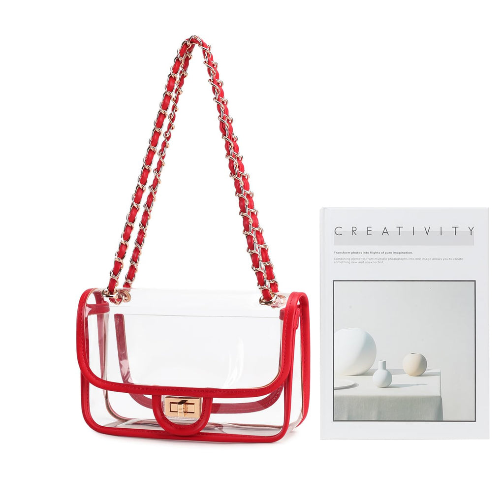 Womens PVC Clear Purse Handbag with Chain Stadium Approved Clear Bag See Through Bag for Working and Concert