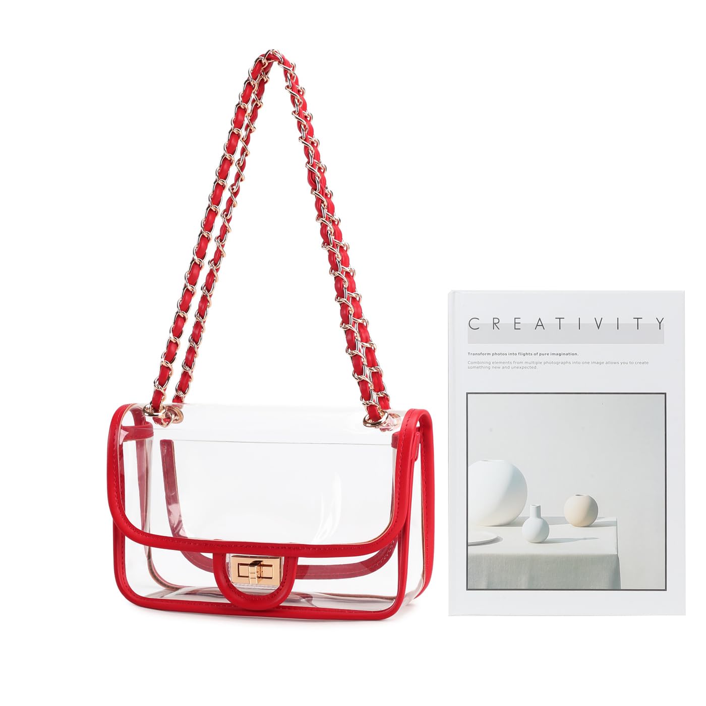 Womens PVC Clear Purse Handbag with Chain Stadium Approved Clear Bag See Through Bag for Working and Concert