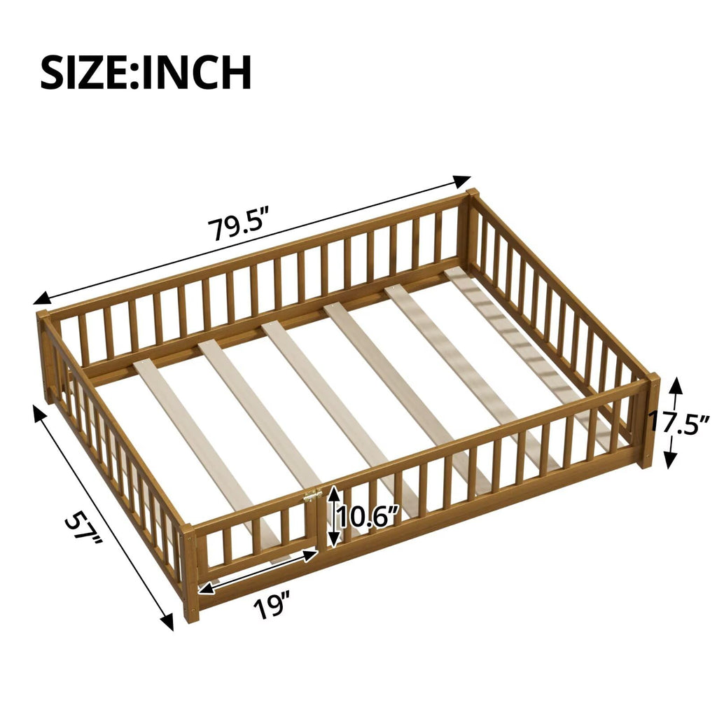 i-POOK Queen Floor Bed for Children, Sturdy Wood Montessori Bed Frame with Wood Slats, High Fence & Small Door for Girls and Boys, Espresso (with Bed Slats)