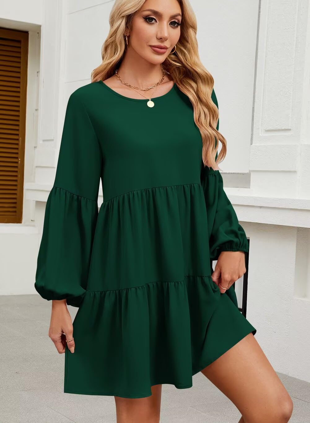 QACOHU Falll Dresses for Women 2026 Crew Neck Long Lantern Sleeve Casual Loose Flowy Swing Shift Dress