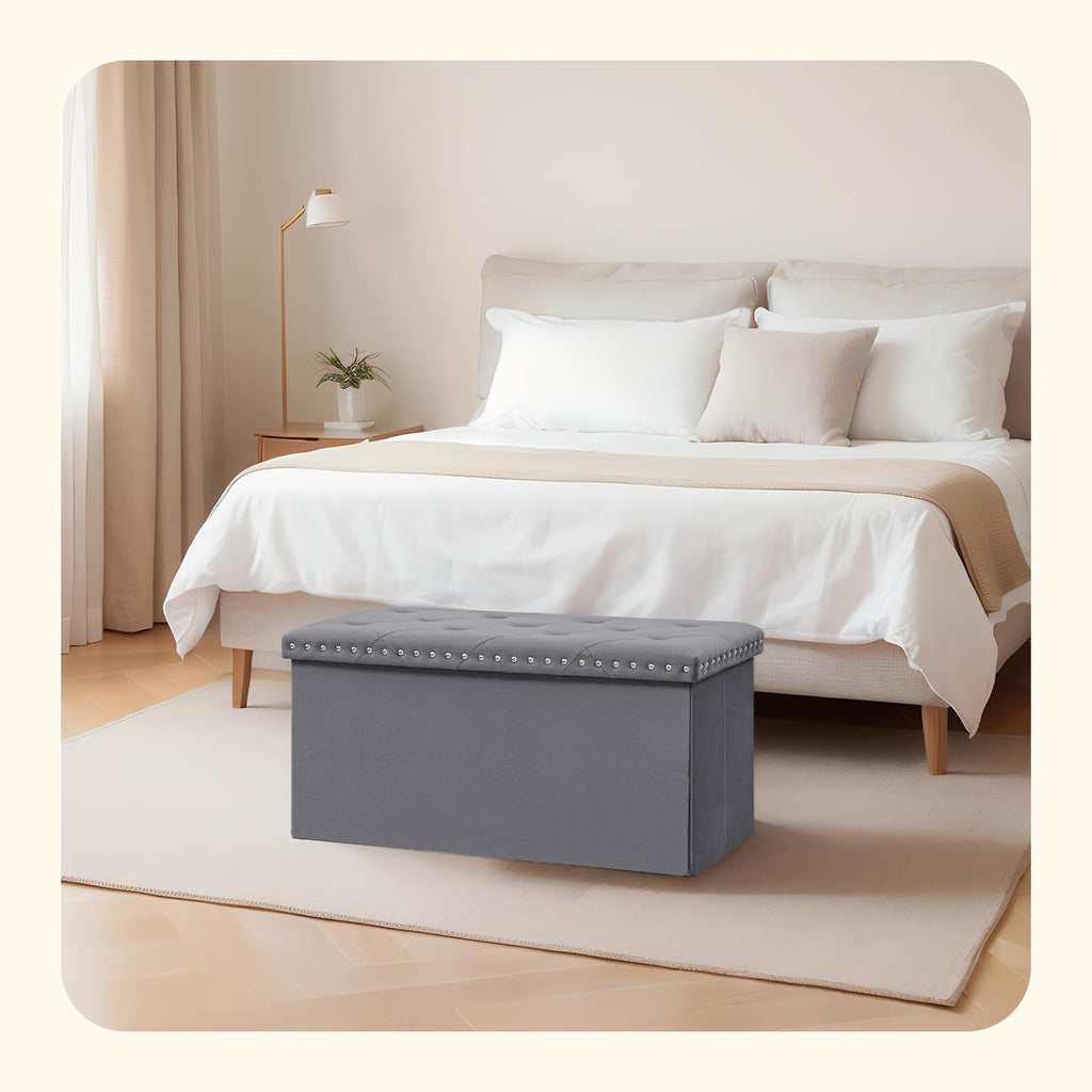 PINPLUS Folding Storage Ottoman Bench, Folding Velvet Tuffed Foot Rest Stool with Rivet, End of Bed Bench Large Long Shoes Chest for Bedroom Entryway Living Room, Beige, 41.3 Inches