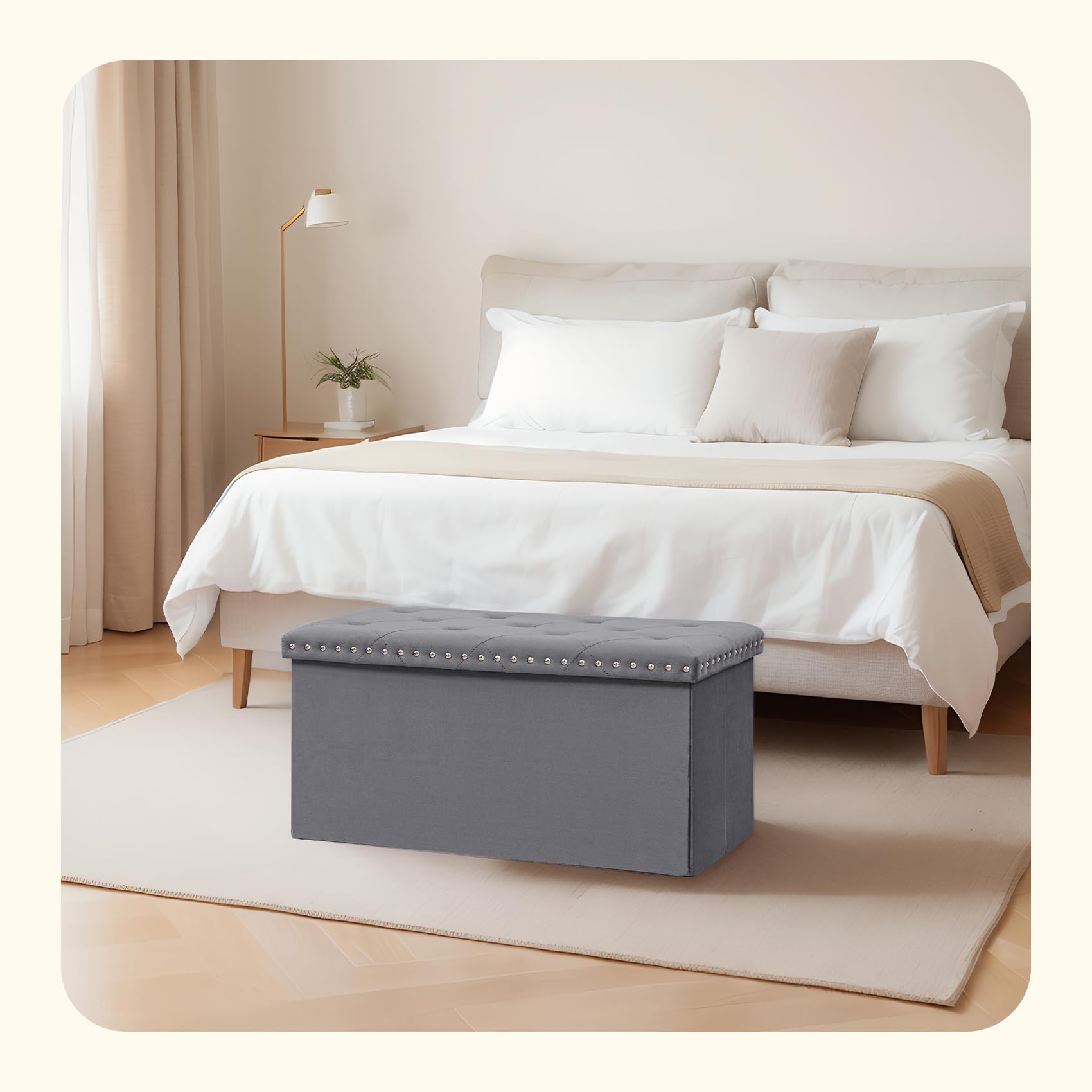 PINPLUS Folding Storage Ottoman Bench, Folding Velvet Tuffed Foot Rest Stool with Rivet, End of Bed Bench Large Long Shoes Chest for Bedroom Entryway Living Room, Beige, 41.3 Inches