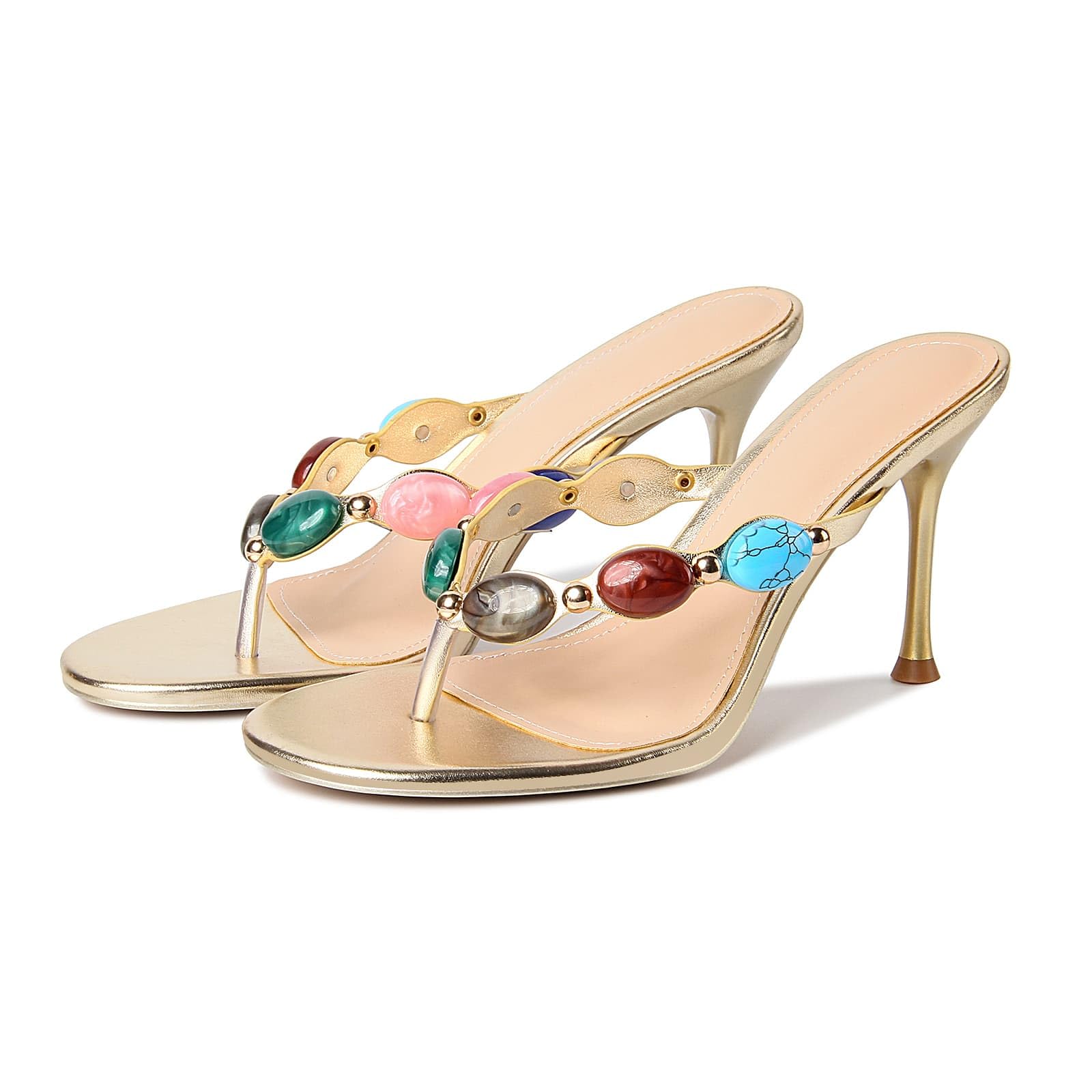 DREAMSTORY Women's Jeweled Thong Strappy Heels Sandals Comfortable Round toe High Heel Dressy Summer Sandals for Wedding Party Beach Flip Flops Slip On Casual Shoes Wear