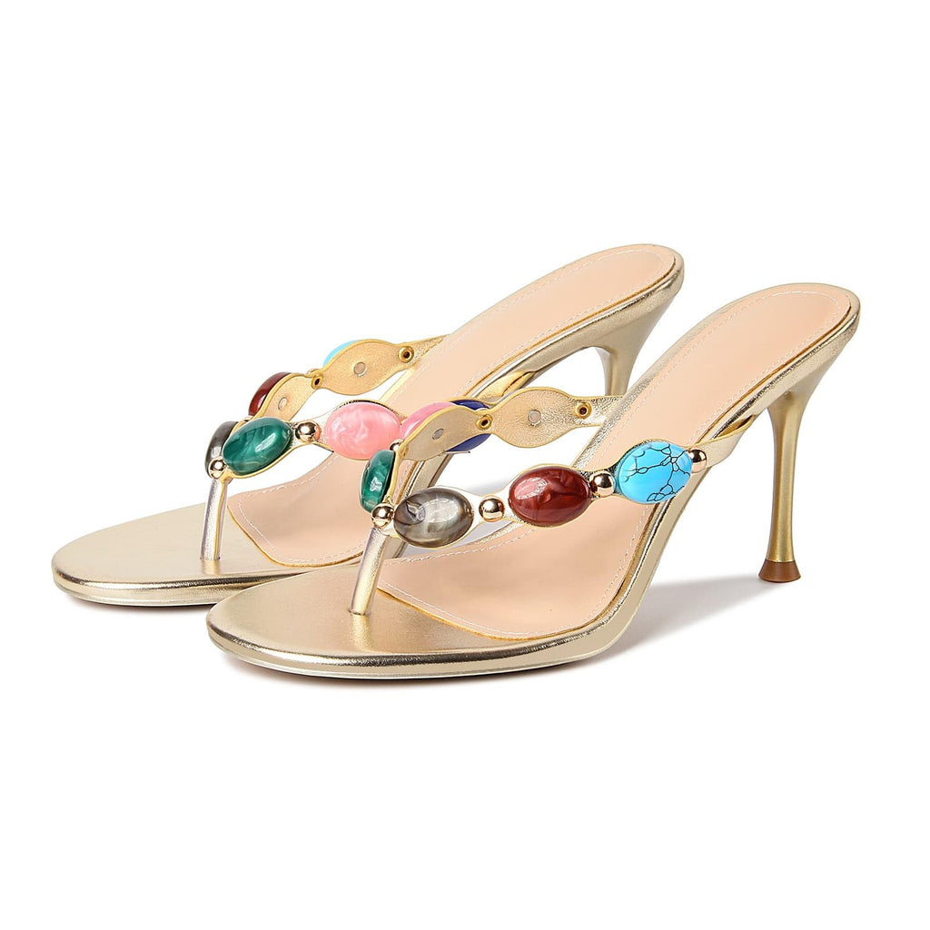 DREAMSTORY Women's Jeweled Thong Strappy Heels Sandals Comfortable Round toe High Heel Dressy Summer Sandals for Wedding Party Beach Flip Flops Slip On Casual Shoes Wear