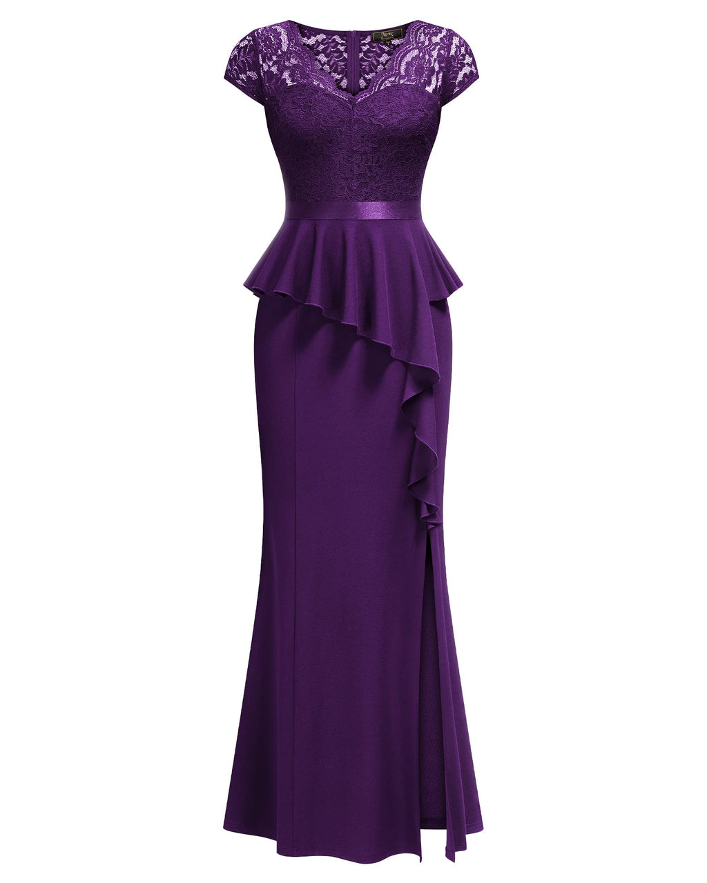MISSMAY Women's Elegant Floral Lace Ruffle Split Cocktail Party Long Dress