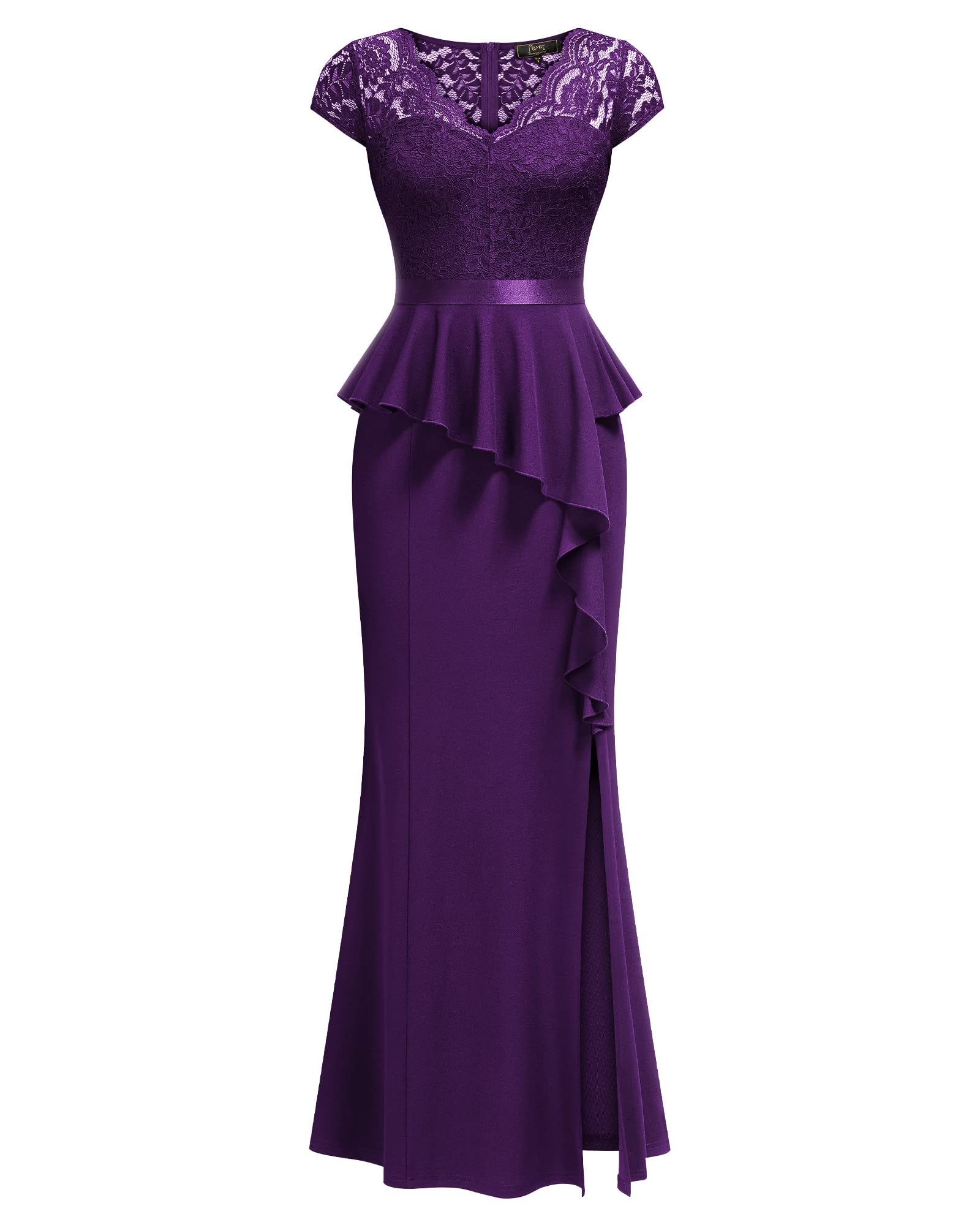 MISSMAY Women's Elegant Floral Lace Ruffle Split Cocktail Party Long Dress
