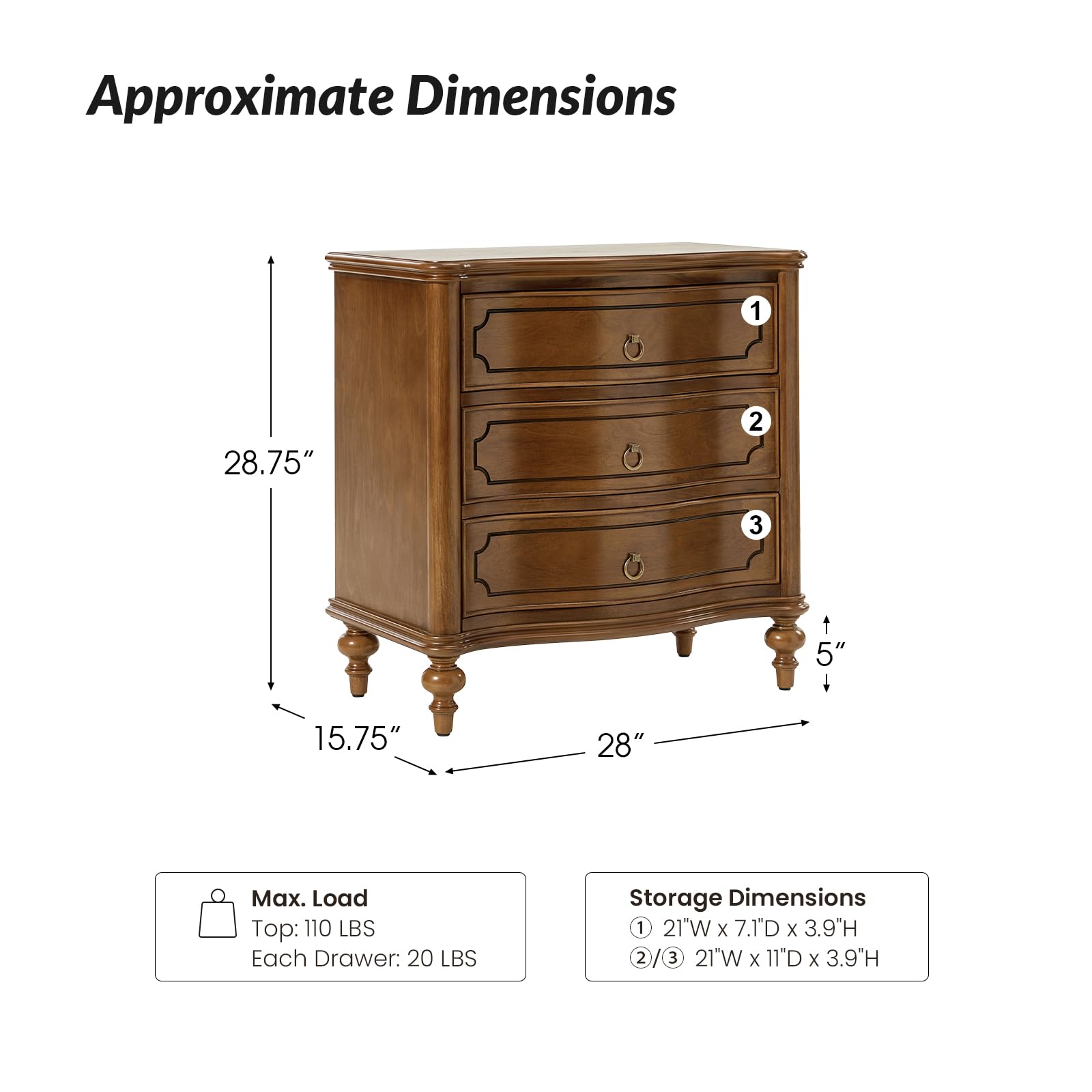 HULALA HOME Traditional Side Table with 3 Drawers, Tall Side Table with Curved Front Profle Desgin, Charging Station, Solid Wood Legs, Black