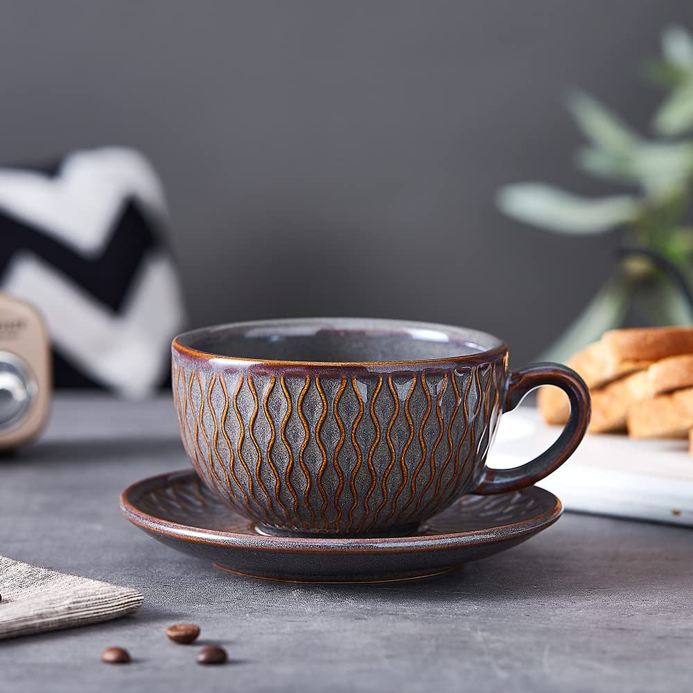 Coffeezone Vintage Design 12 oz Ceramic Latte Art Cappuccino Barista Cup with Saucer (Beige)