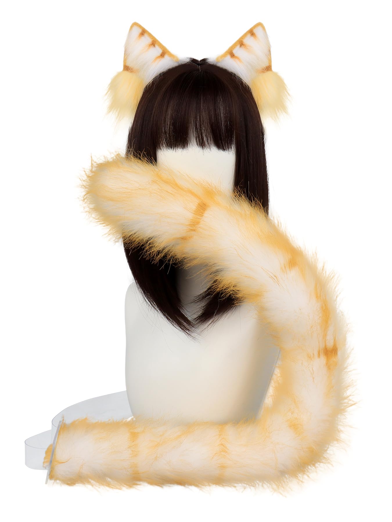 QinRuan Animal Cosplay Costume Accessories Furry Faux Fur Cat Ears Headband and Fox Tail Set Halloween Accessory