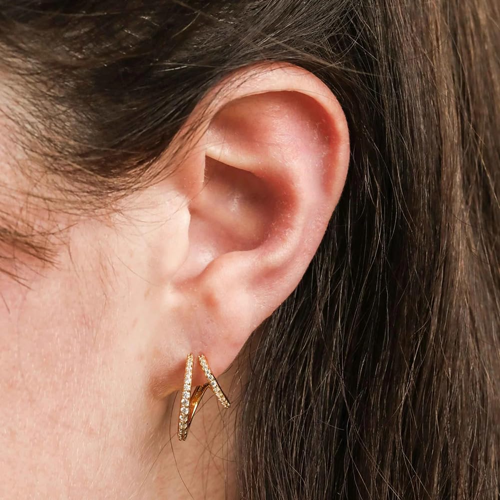 Obidos 14K Gold Plated Illusion Stud Earrings for Women | Triple Huggie Hoop Earrings for One Hole| Trendy Simple Hypoallergenic Fashion Accessories Gold Jewelry Gifts for Womens