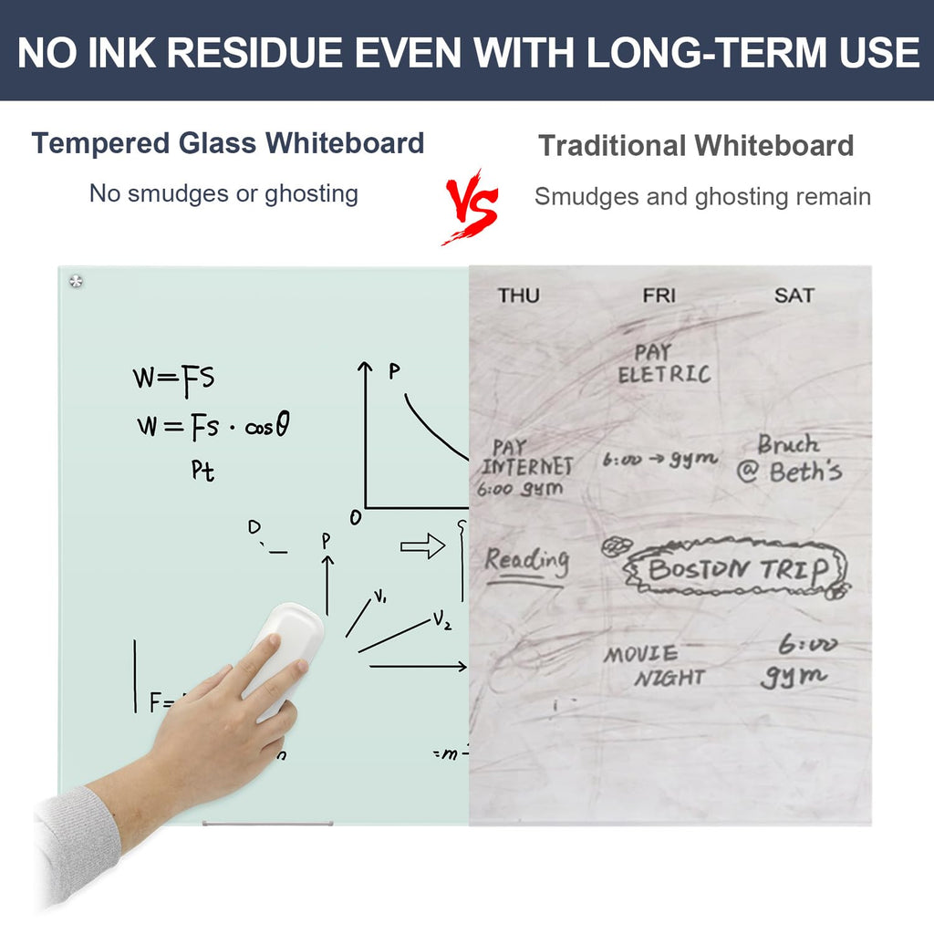 Dry Erase Board Black Magnetic Glass Whiteboard, TANKEE Modern Large Frameless Tempered Glass White Board for Wall, Office, School, Home, 36” x 24”, 3' x 2' White Board