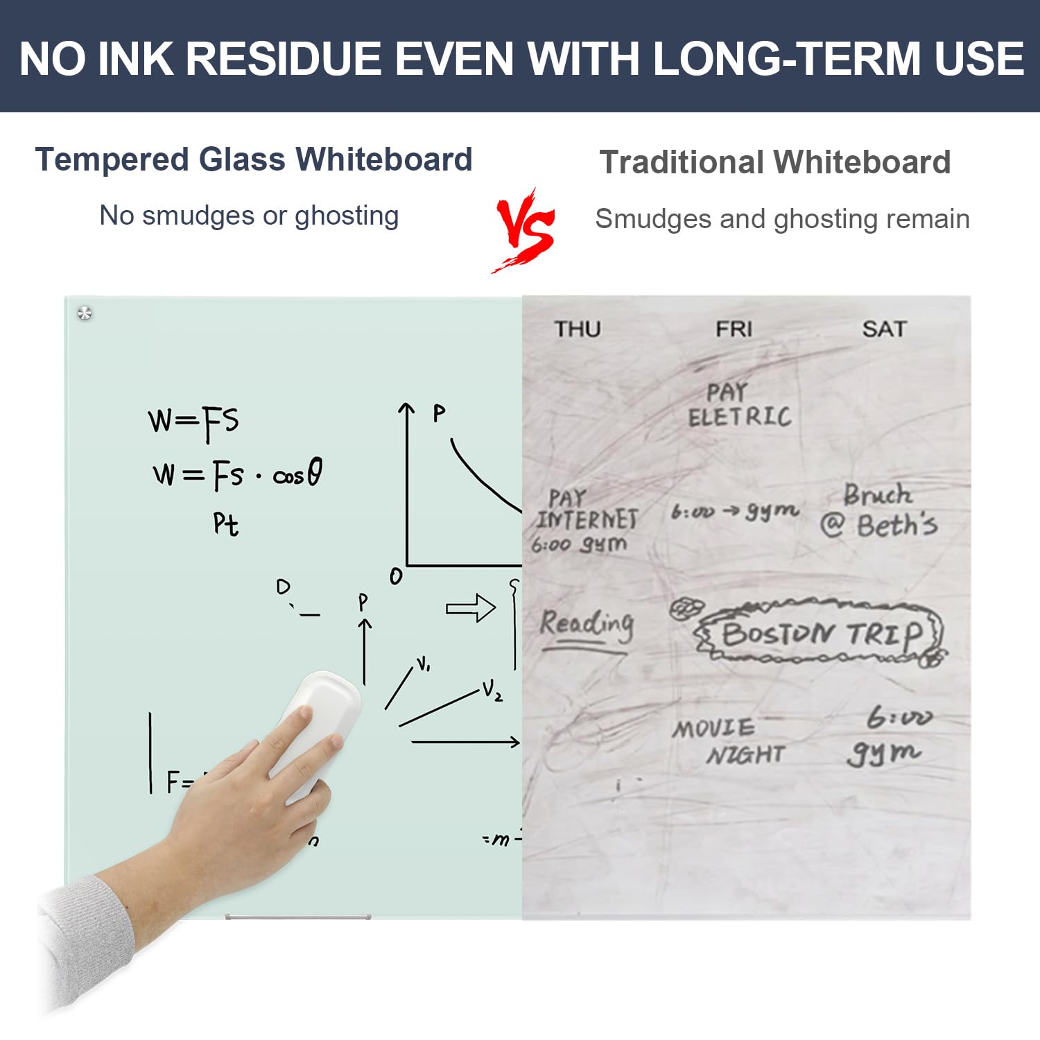 Dry Erase Board Black Magnetic Glass Whiteboard, TANKEE Modern Large Frameless Tempered Glass White Board for Wall, Office, School, Home, 36” x 24”, 3' x 2' White Board