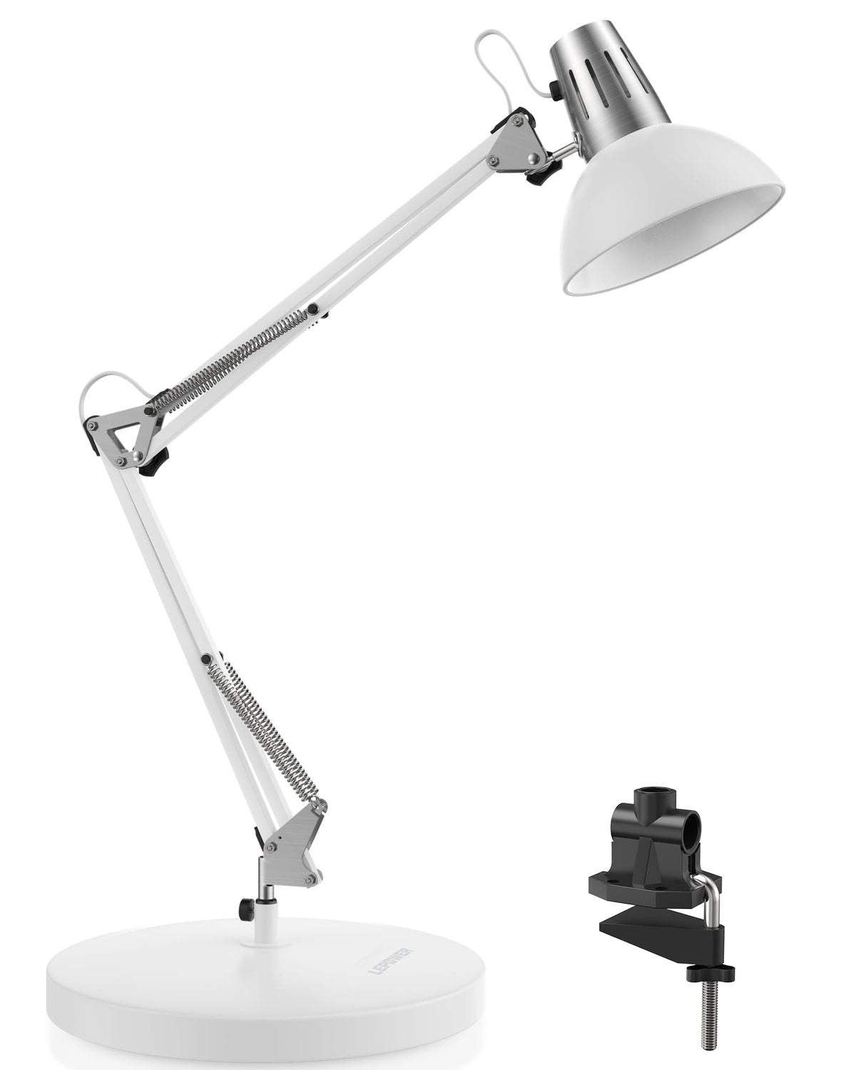 LEPOWER Metal Desk Lamp, Adjustable Goose Neck Architect Table Lamp with On/Off Switch, Swing Arm Desk Lamp with Clamp, Eye-Caring Reading Lamp for Bedroom, Study Room &Office (Sandy Black)