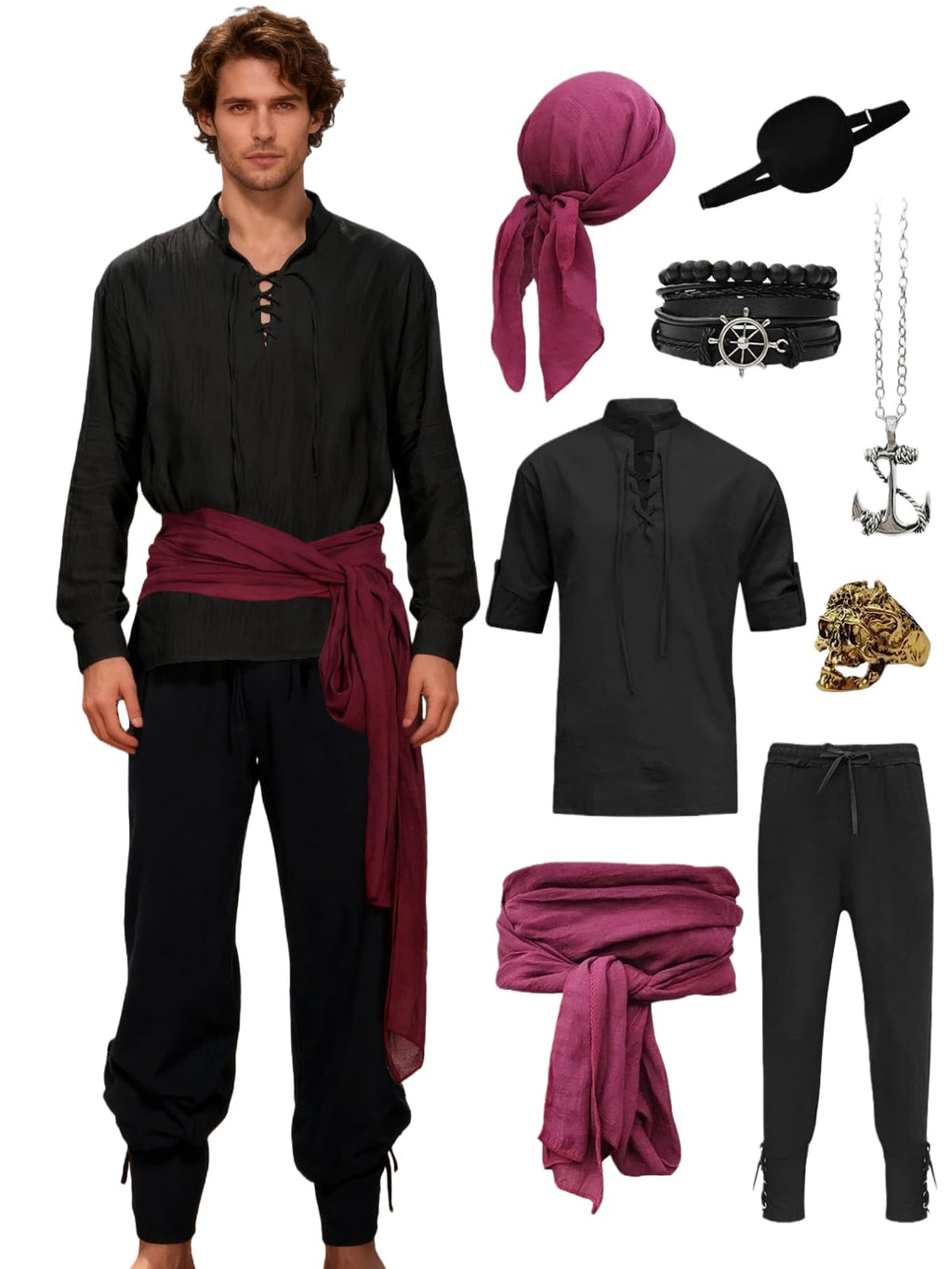 Verceco Mens Pirate Costume Outfit Renaissance Costume Men Medieval Outfit With Pirate Pants Shirts Sash Accessories (Black, Medium)