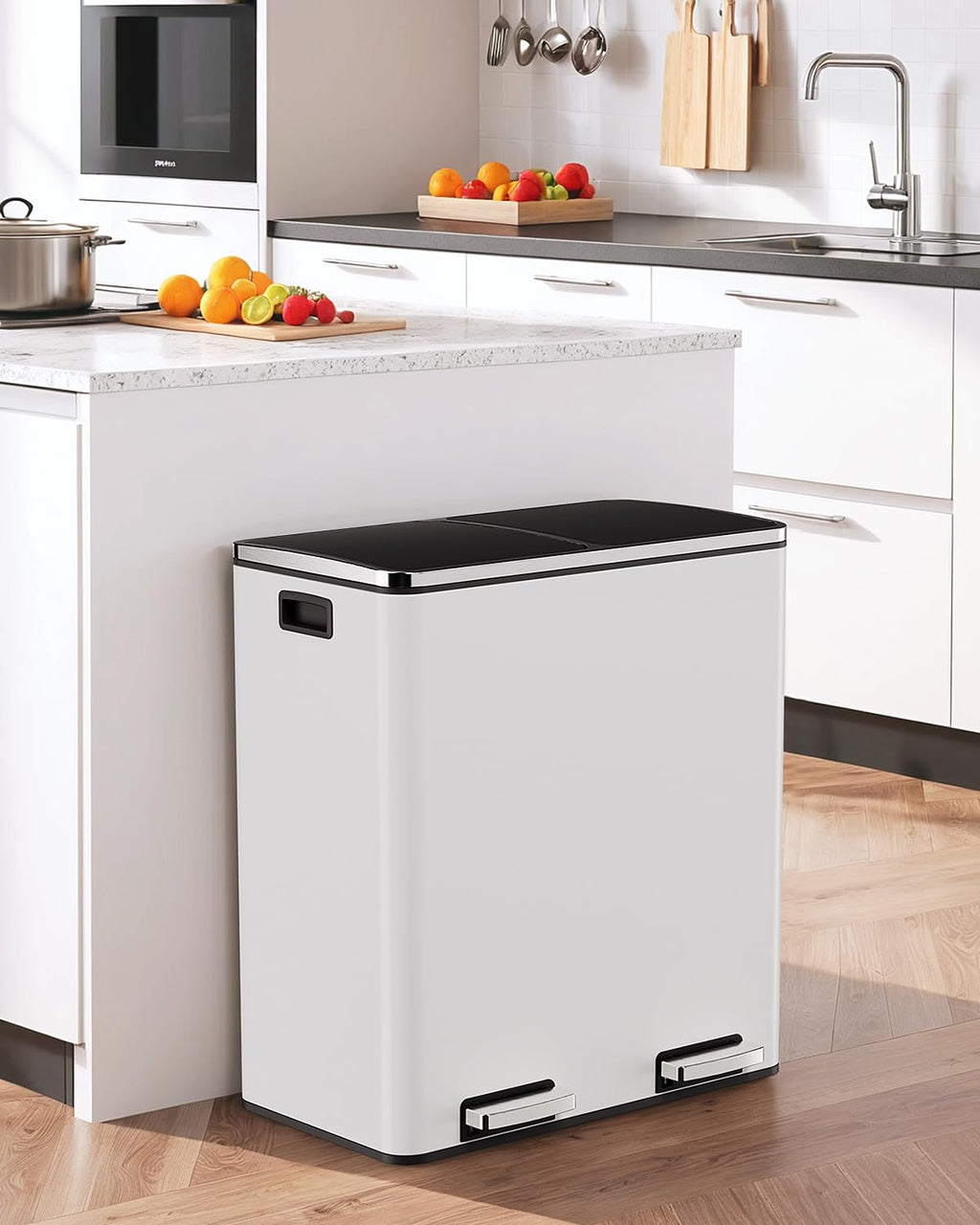 60L(16 Gal) Dual Trash Can, Stainless Steel Kitchen Garbage Can, Double Compartment Classified Rubbish Bin, Recycle Dustbin w/Plastic Inner Buckets, Soft-Close Lid, Airtight, Black