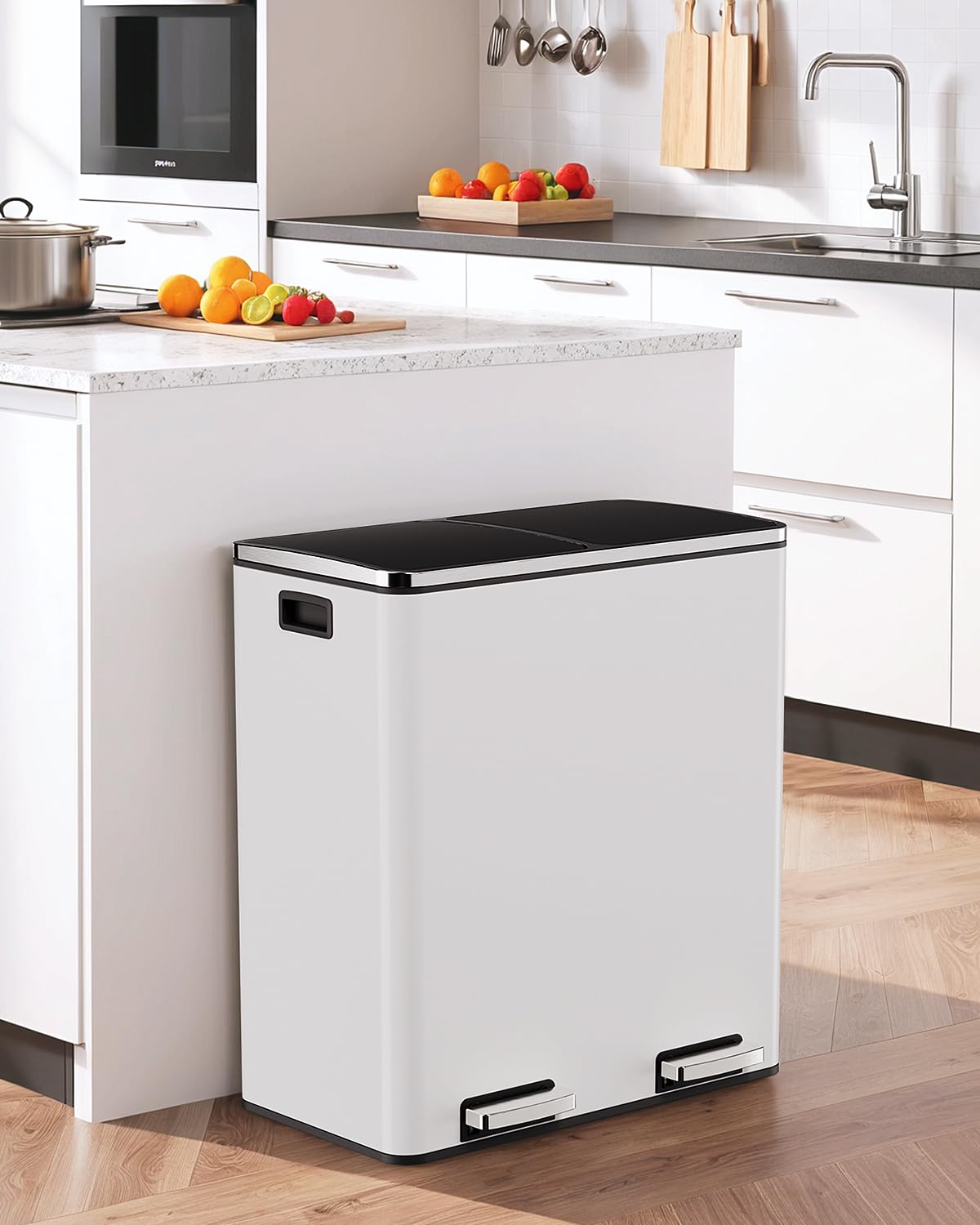 60L(16 Gal) Dual Trash Can, Stainless Steel Kitchen Garbage Can, Double Compartment Classified Rubbish Bin, Recycle Dustbin w/Plastic Inner Buckets, Soft-Close Lid, Airtight, Black