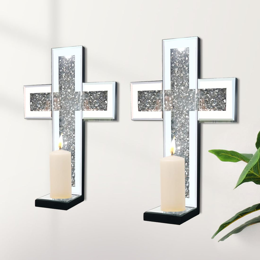 Aeveco Crystal Crush Diamond Mirrored Candle Sconces, Silver Wall Candle Holder Set of 2, Wall Decorations for Living Room，Dining Room (Rectangle (Style 4))